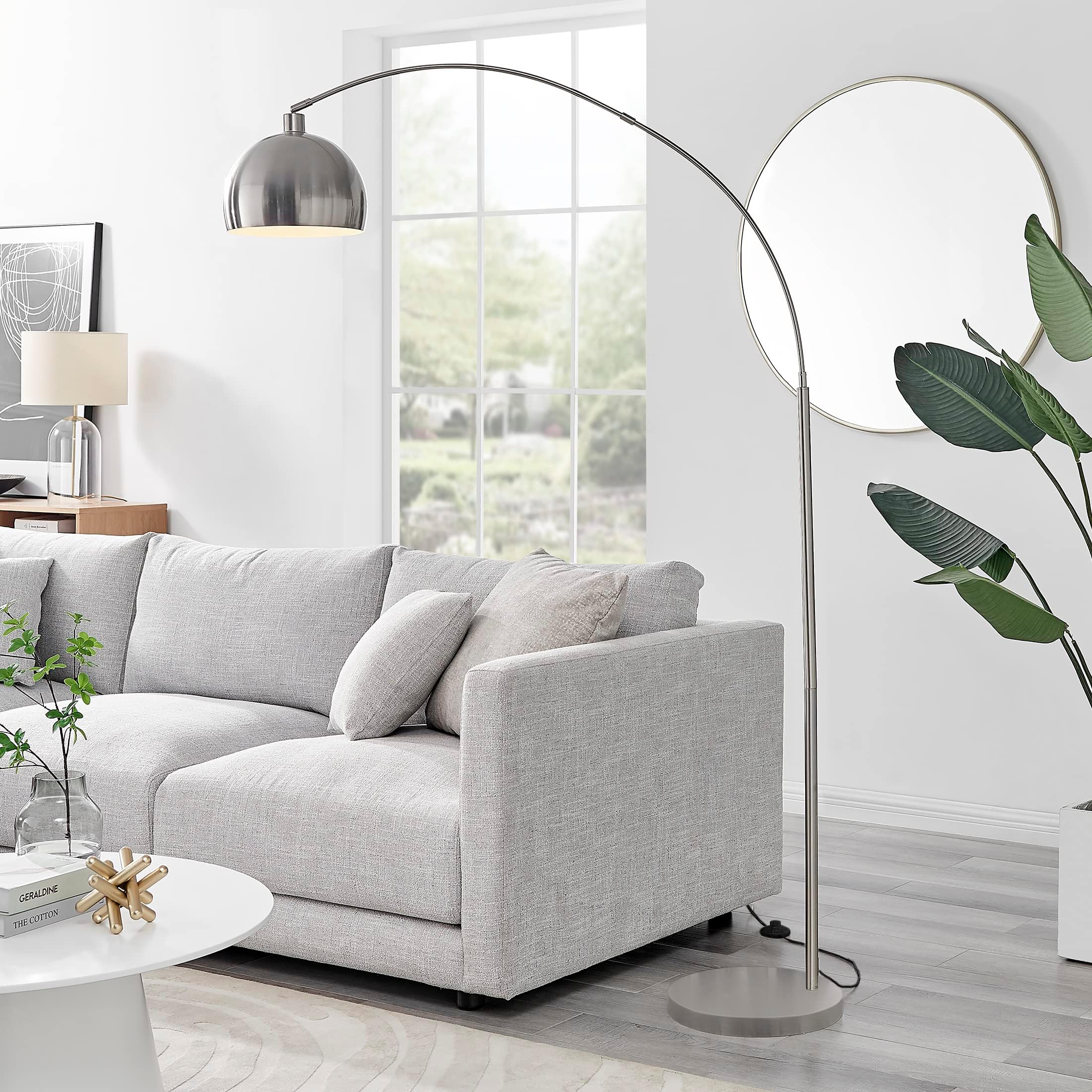 Furniturebox UK Lighting - Holden Chrome Silver Metal Floor Arc Standing Lamp Light (Including Bulb) - Modern Standing Lamp - Silver Round Base, Chrome Arched Arm & Lampshade - Elegant & Simple