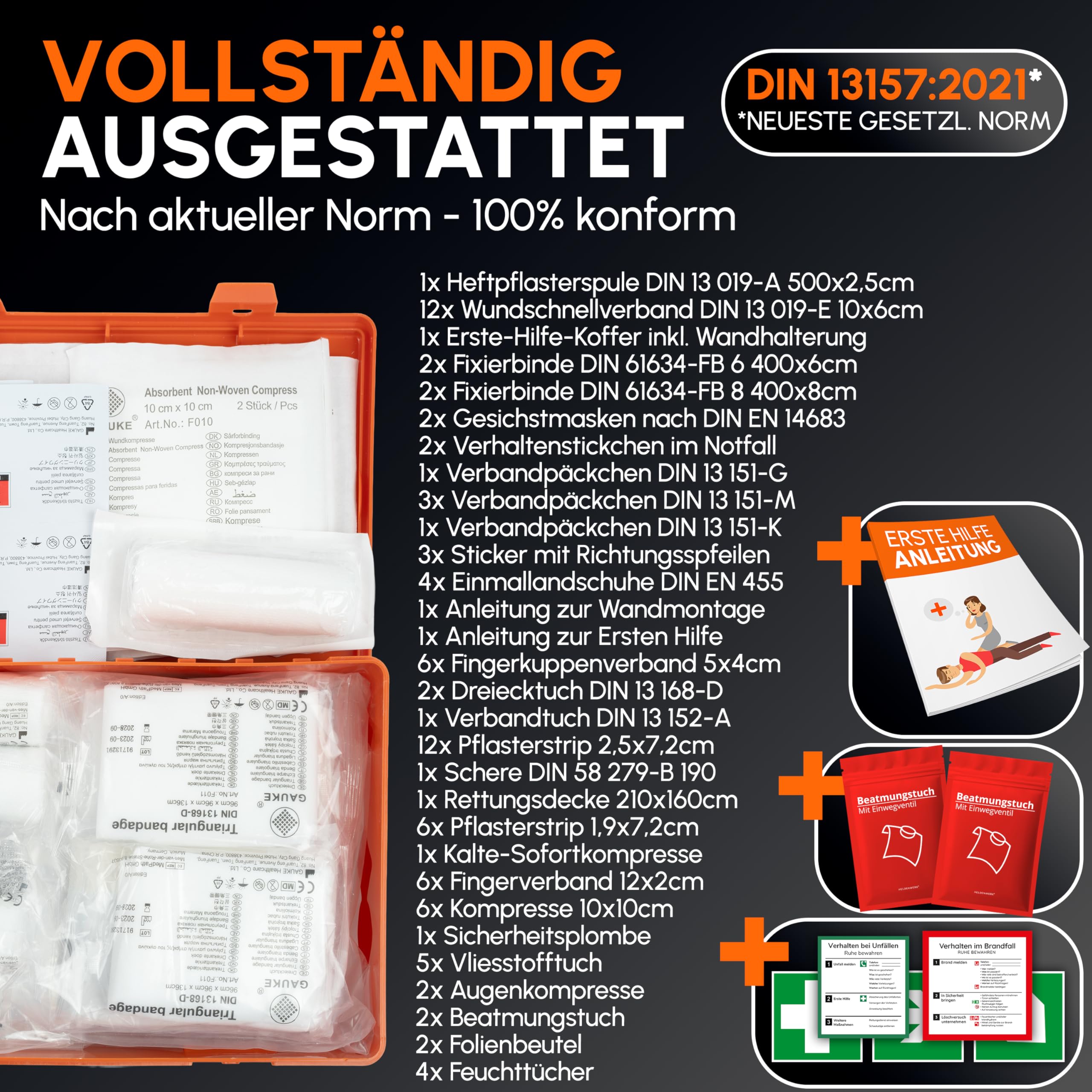 Trousse de premiers secours DIN 13157:2021 avec support mural et autocollants – Mallette universelle pour entreprise