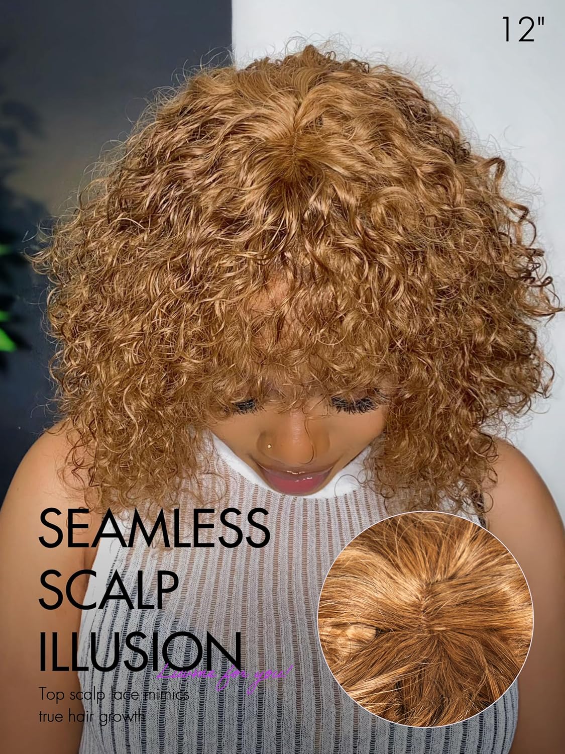 LUVME HAIR 12 Inch Short Curly Wig with Bangs, Light Brown Water Wave Human Hair Bob Wig with Bangs, Ready to Go Minimalist Lace Glueless Ready to Go Bang Wig…