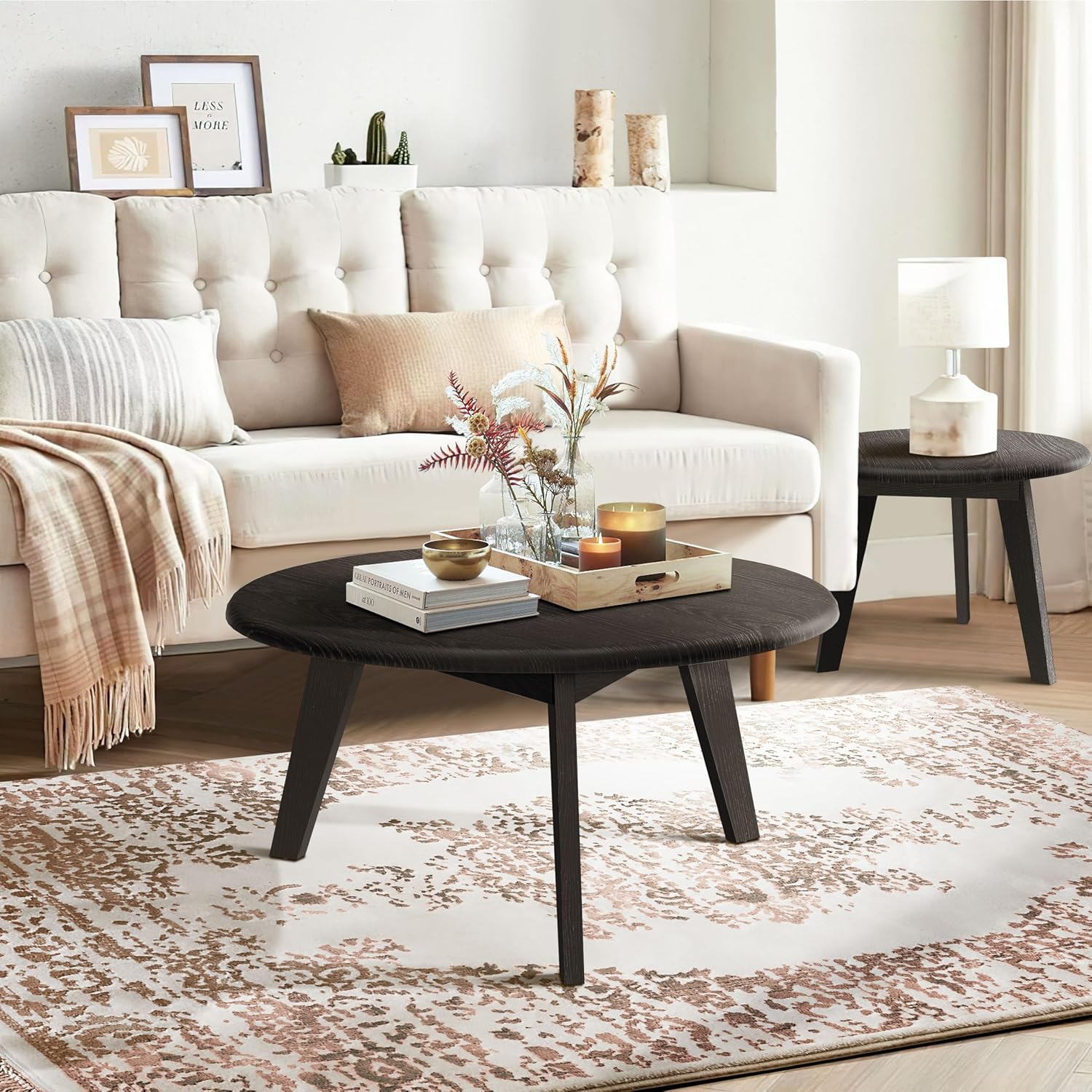 23.6" Coffee Table Mid Century Modern Farmhouse Round Nesting Stacking, Vintage Rustic Solid Wood, Black Accent Coffee Table for Living Room, Bedroom & Office, Espresso