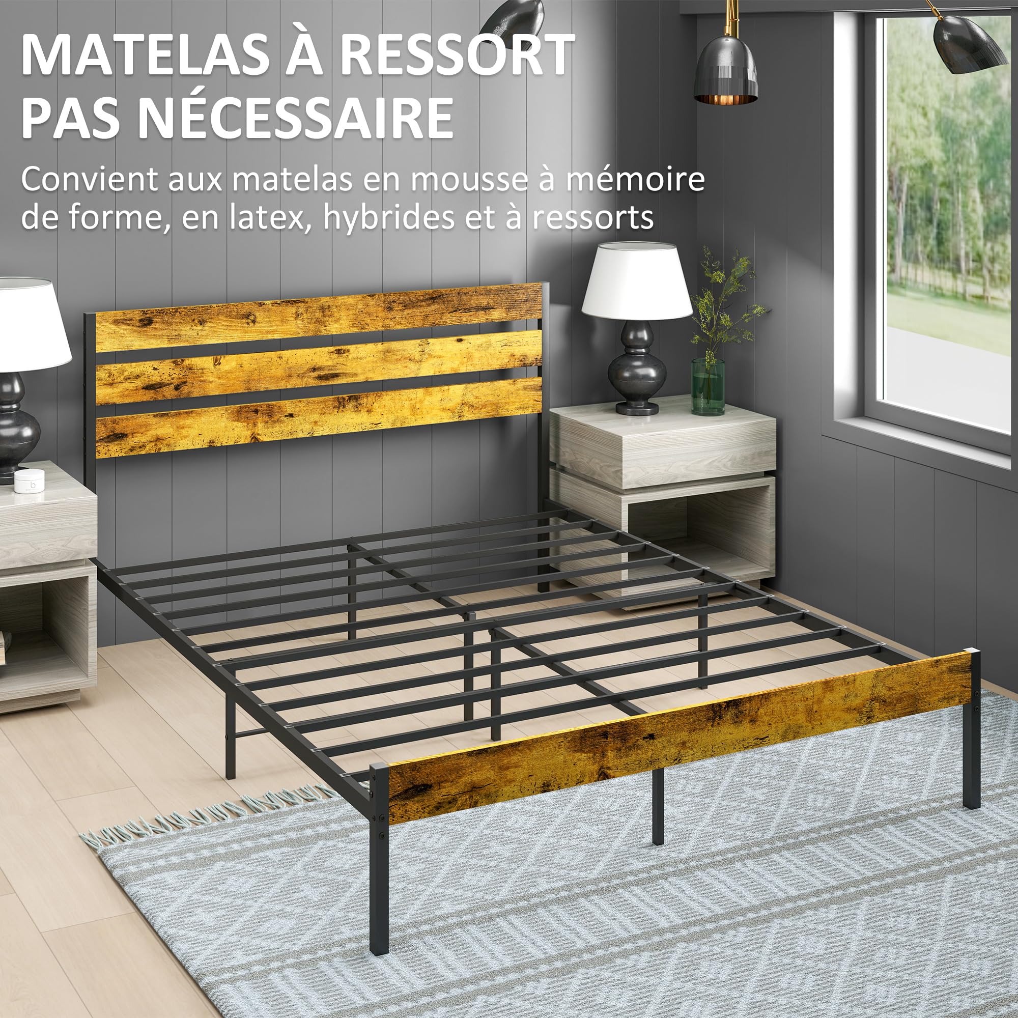 HOMCOM Bedframe in industriële stijl, tweepersoonsbed met opbergruimte onder het bed, lattenbodem, hoofdeinde en voeteneinde, eenvoudige montage, van hout en staal, houtlook (140 x 190 cm