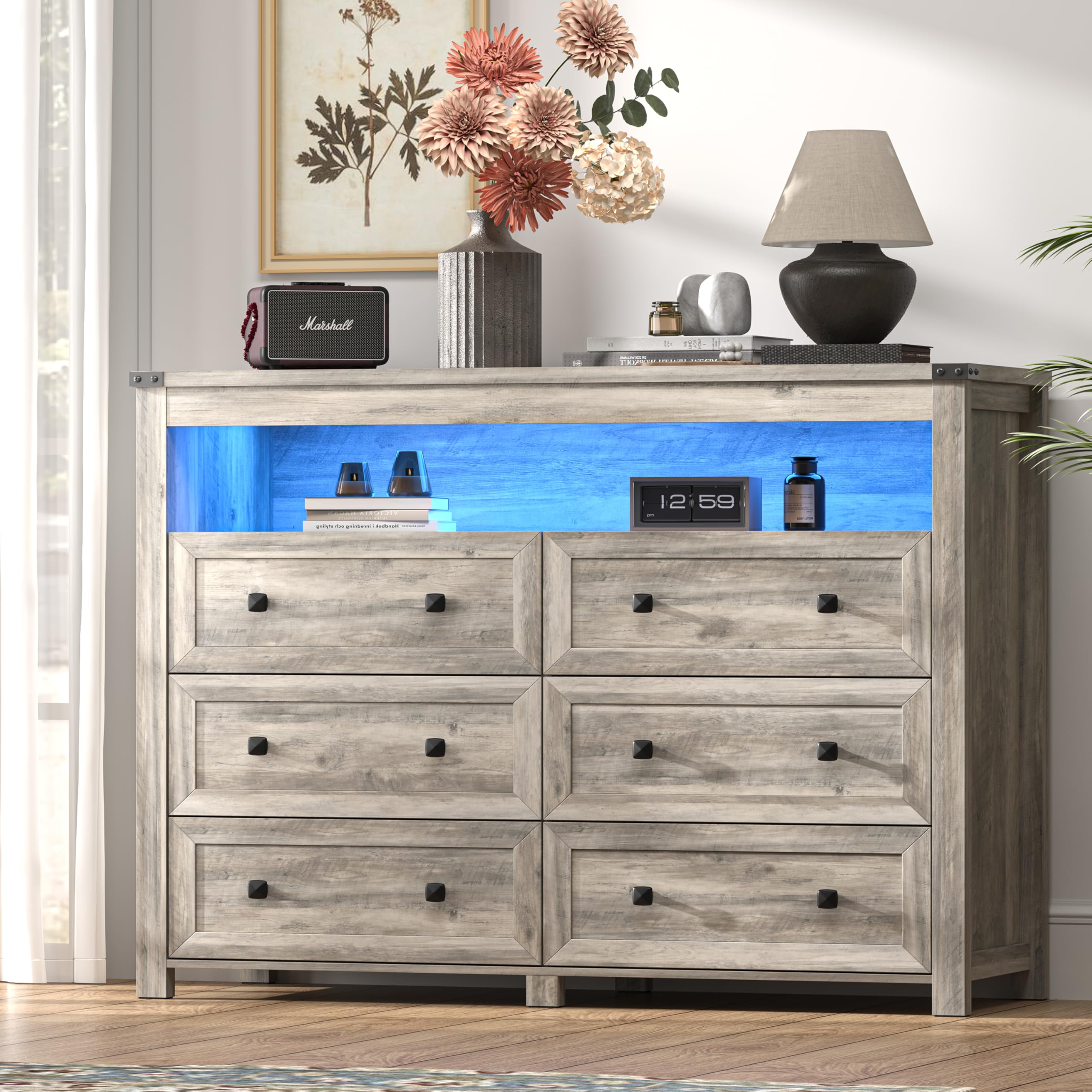 Dresser for Bedroom with 6 Drawers, Wide Chest of Drawers with LED Light and Power Outlet, Wooden Closet Organizer Clothes Storage Cabinet, Modern