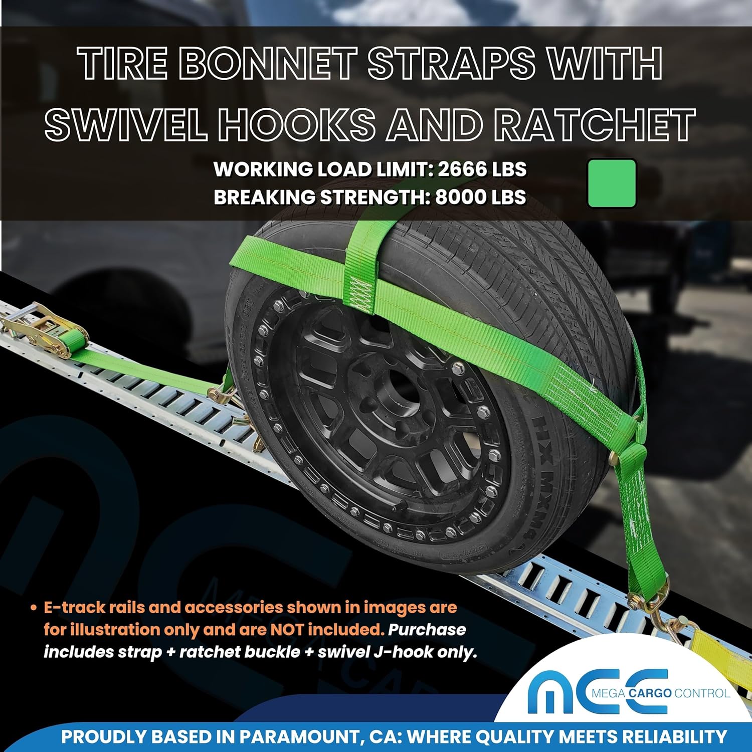 Mega Cargo Control 2 Pack Tire Bonnet Ratchet Straps with Swivel J Hooks, Heavy Duty Over-Tire Wheel Tie Downs for Car Hauler, Tow Truck & Flatbed (Green)