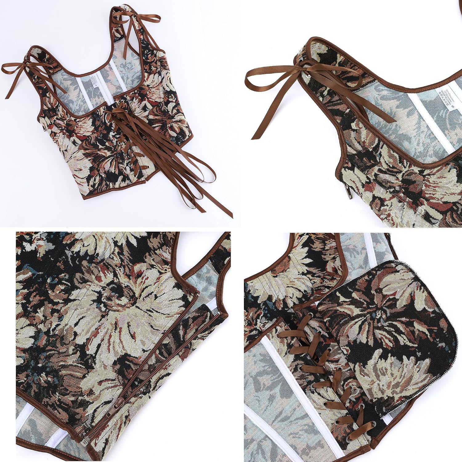 Medieval Corset Belt for Women Renaissance Victorian Underbust Corset Vest Floral Lace Up Boned Waist Belts