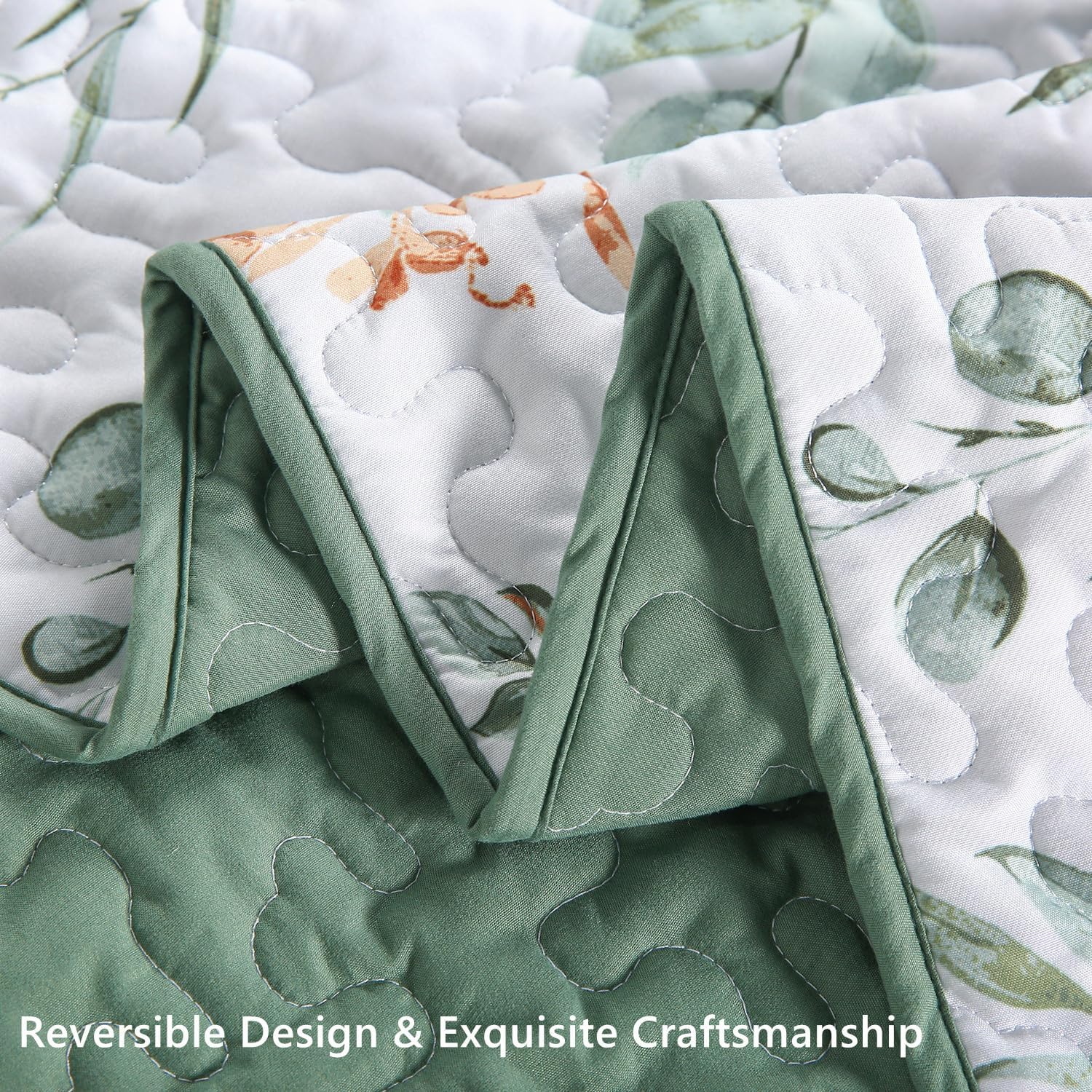 3-Piece Green Floral Quilts King Size, Lightweight Reversible Printed Quilted Bedspreads, Soft Microfiber Coverlet Quilt Bedding Set with 2 Pillow Shams for All Seasons