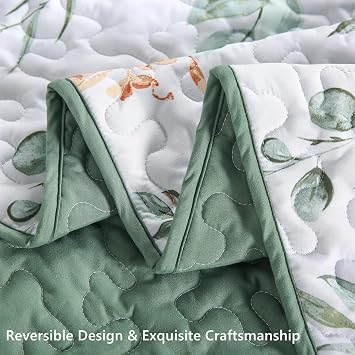 3-Piece Green Floral Quilts King Size, Lightweight Reversible Printed Quilted Bedspreads, Soft Microfiber Coverlet Quilt Bedding Set with 2 Pillow Shams for All Seasons