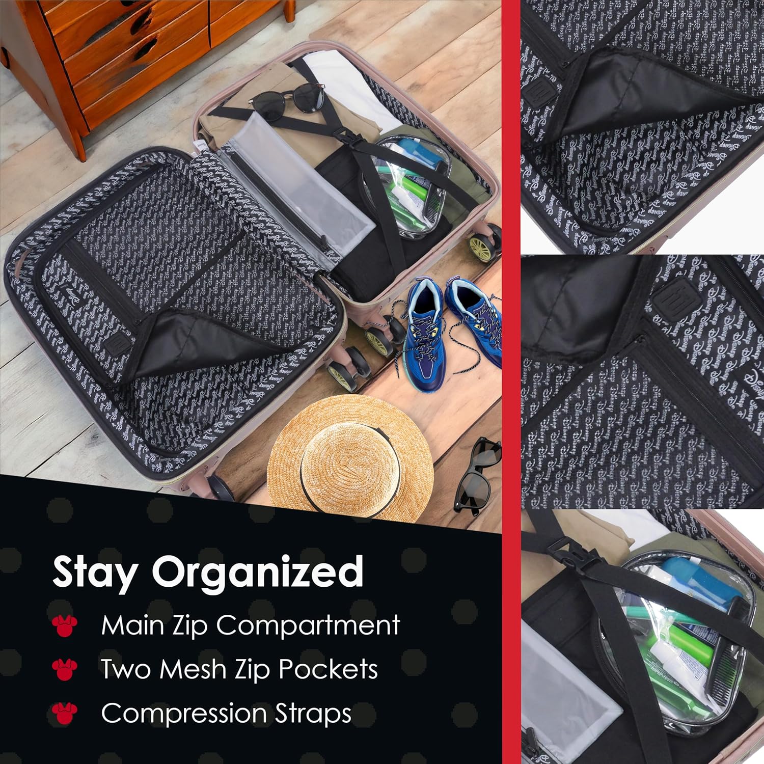 FUL Disney Minnie Mouse 3 Piece Rolling Luggage Set, Textured Hardshell Suitcase with Wheels Set, 22.5, 25 and 29 Inch, Rose Gold