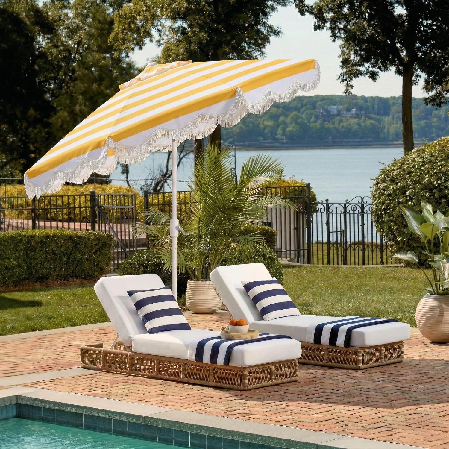 SAFAVIEH Outdoor Patio Furniture Collection – Lucerna 9 Ft Crank Patio Umbrella, Yellow Stripe & White Pole, Market Umbrella with Crank Lift (PAT8025Y)