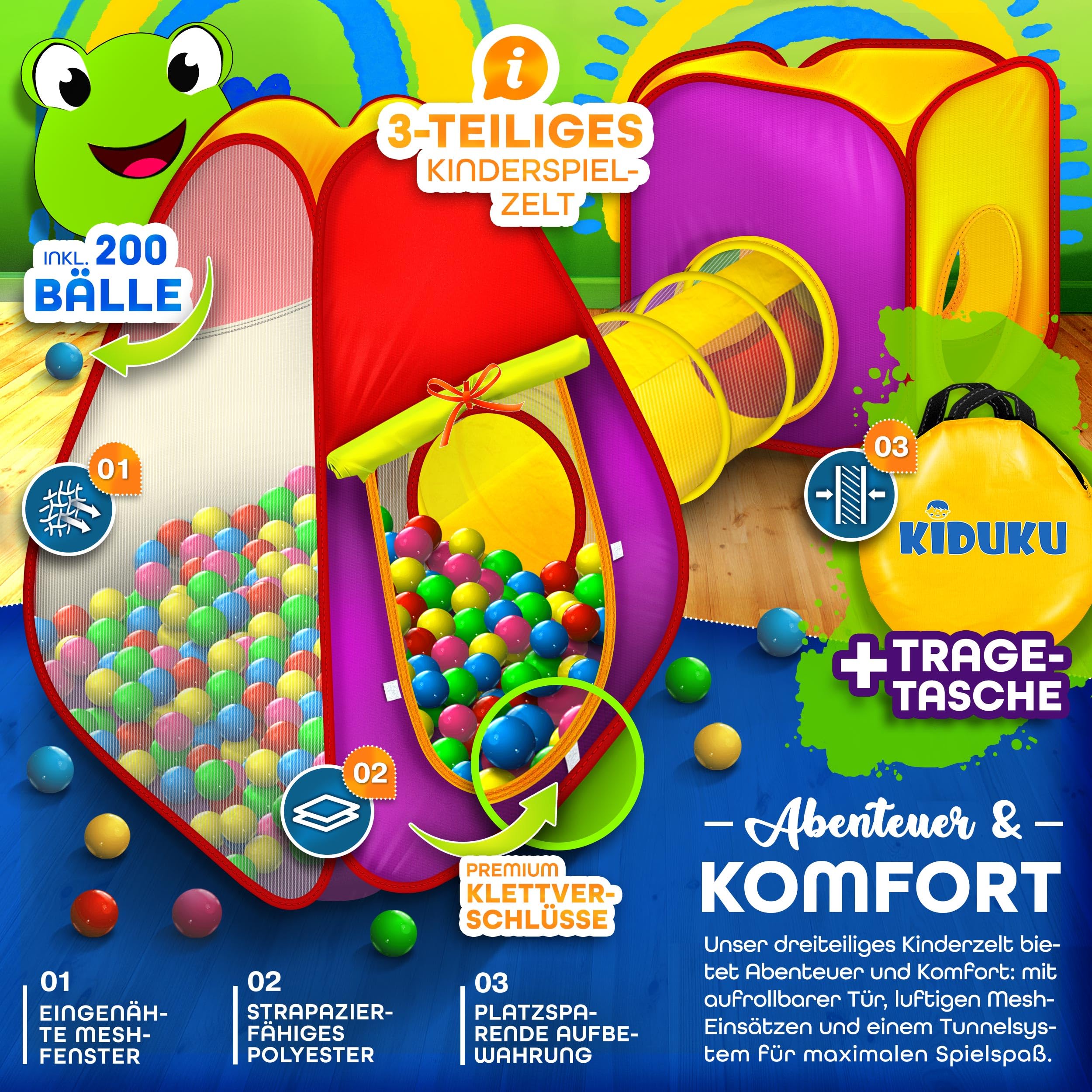 KIDUKU® 3-teiliges Bällebad Spielzelt Babyzelt + Krabbeltunnel + 200 Bälle + Tasche für drinnen und draußen