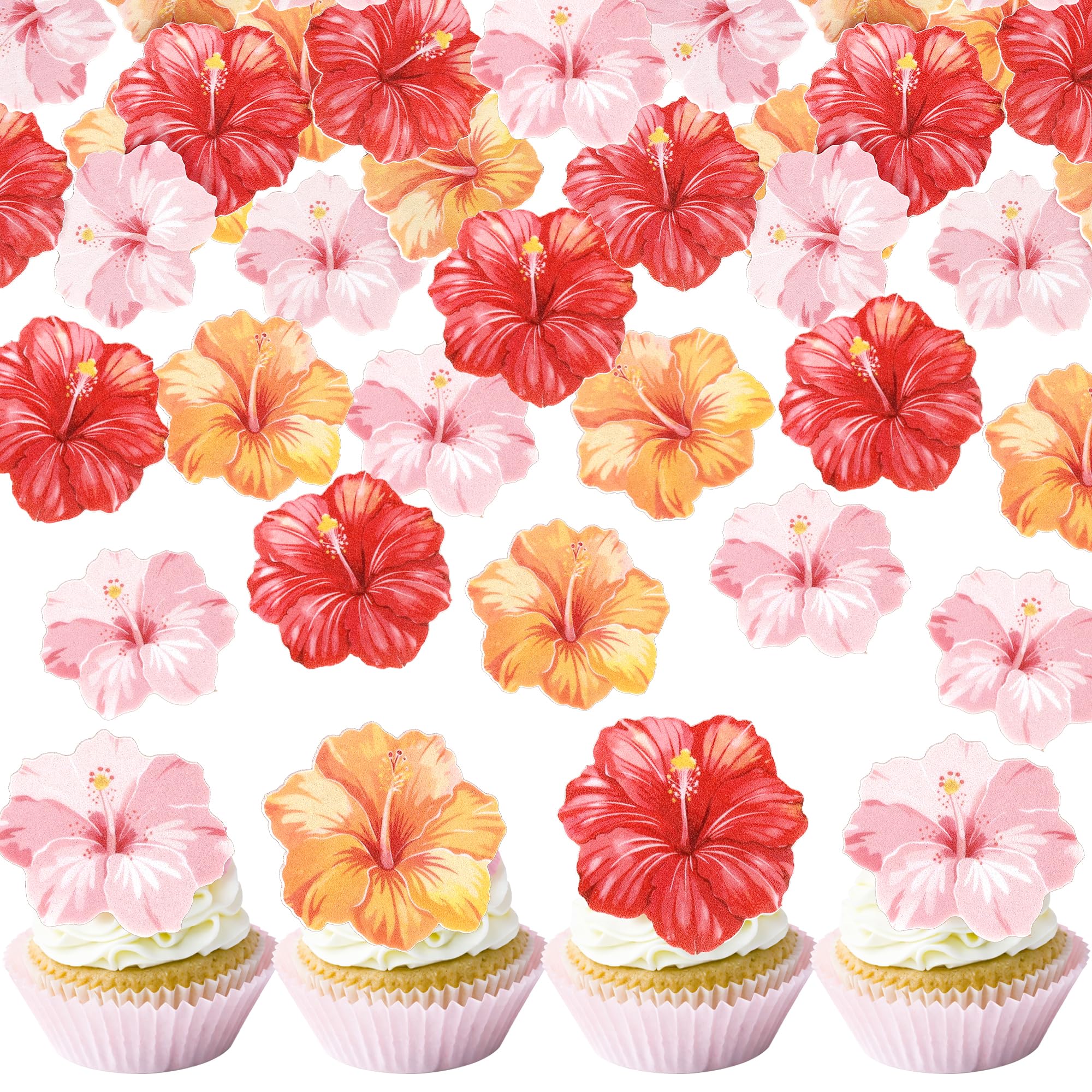 Xsstarmi 60 Pack Edible Hibiscus Cupcake Toppers Rice Paper Hibiscus Rosa-Sinensis Cupcake Picks for Spring Summer Wedding Birrhday Party Cake Decorations Supplies
