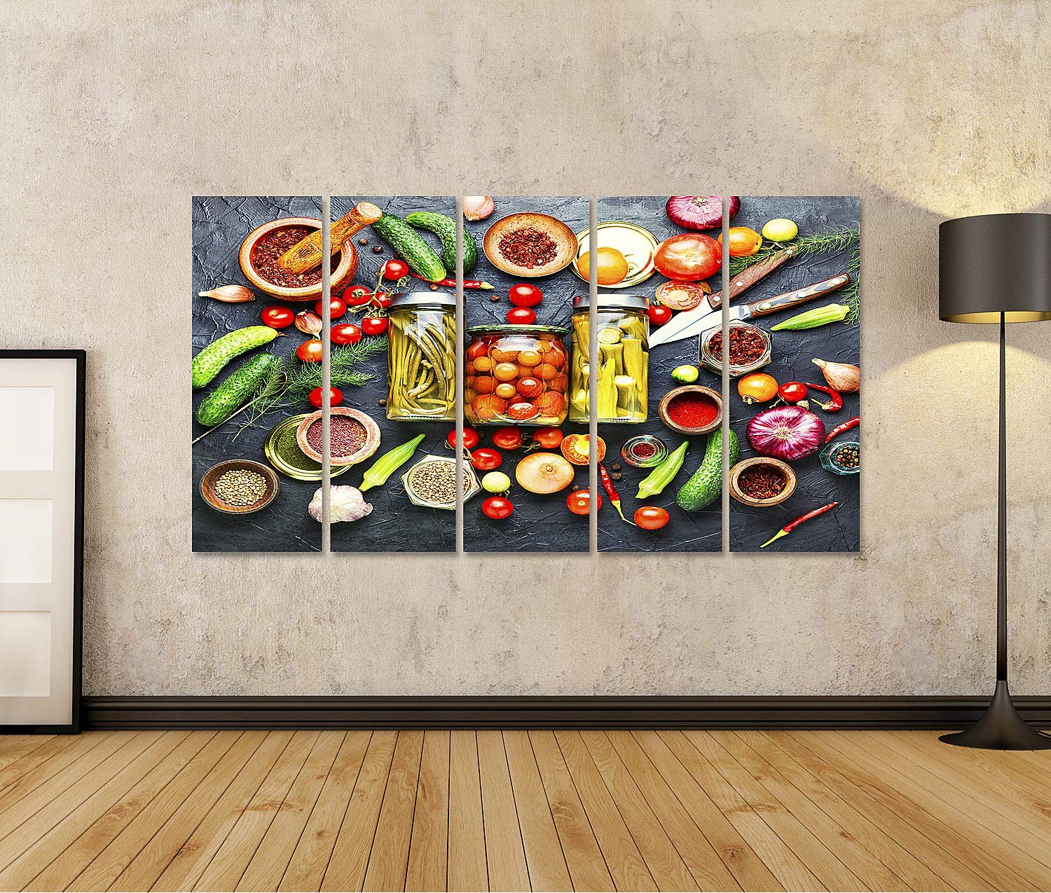 islandburner Bild auf Leinwand Sortiment Eingelegtes Gemüse Konserven Gemüse Glas Gläser Verschiedene Konserven Marinierte Lebensmi Wandbild Leinwandbild Bilder für Wohnzimmer GJMH-5P