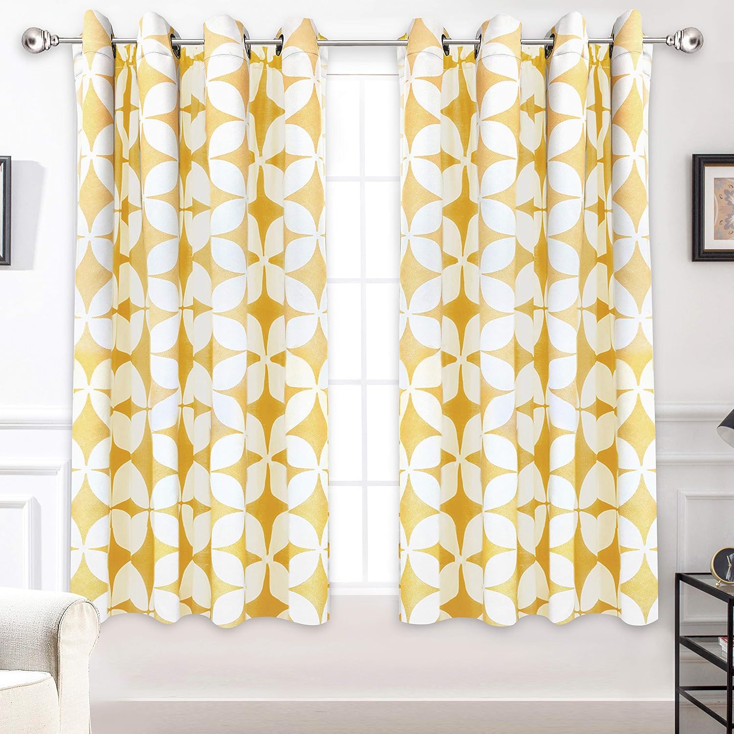 DriftAway Geo Trellis Yellow Curtains for Living Room Bedroom 63 Inch Length Room Darkening Window Treatment Mid Century Moroccan Thermal Grommet Drapes 2 Panels