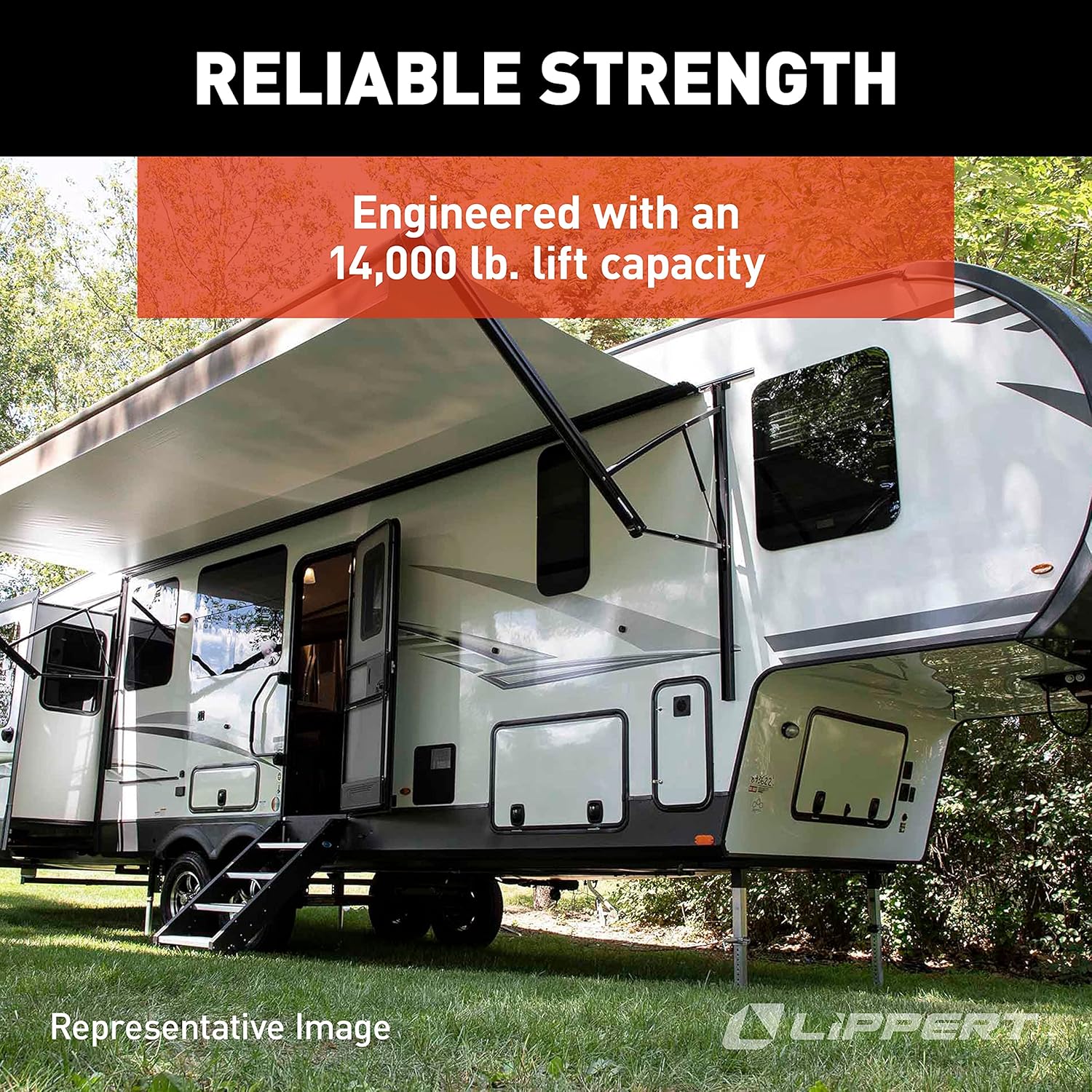 Lippert Level Up Replacement Hydraulic Landing Gear Left Jack for 5th Wheel RVs and Travel Trailers, 14,000-lbs. Lift Capacity, Aluminum, 9" Diameter Footpad, 27-7/16" Height - 433467