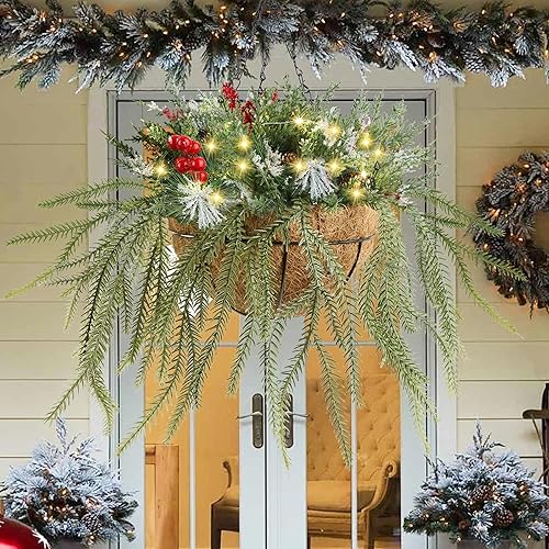 Miniatura 2 de DR.DUDU Canastas colgantes de decoración de Navidad, cesta artificial de 18 pulgadas con temporizador de luces para porche al aire libre con conos