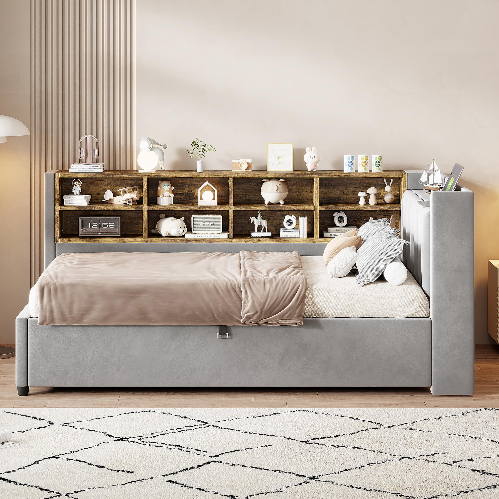 HaoChrymec Łóżko tapicerowane sofa z funkcją spania z aksamitnego materiału, do pokoju gościnnego, jasnoszare, 90 x 200 cm, LDU00397AAG