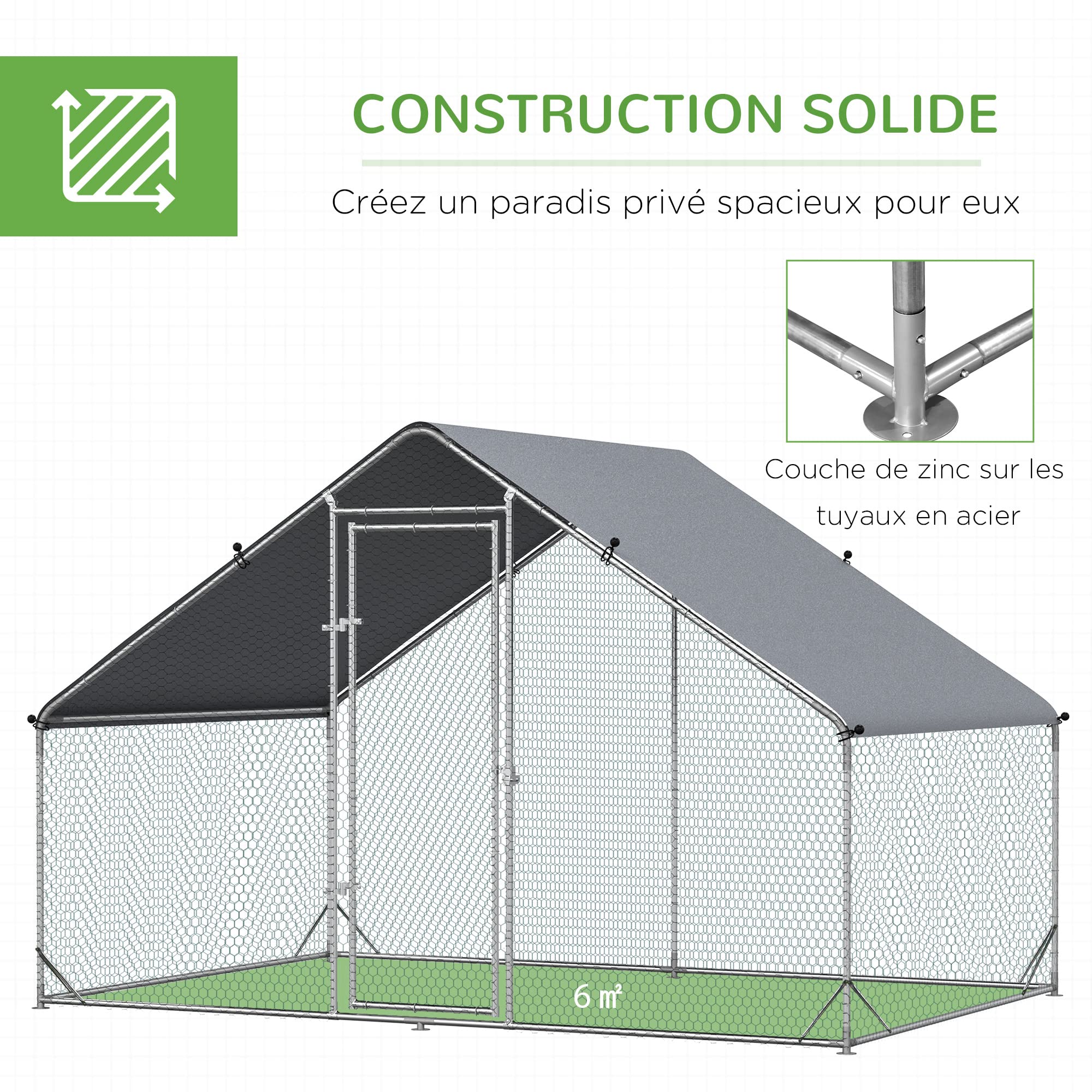 PawHut Enclos pour Poules XXL 6 m² - Grand Parcours Extérieur en Acier Galvanisé 3x2x2m - Volière de Jardin Anti-Renard avec Bâche de Toit pour 4-6 Poules, Canards ou Lapins, Gris