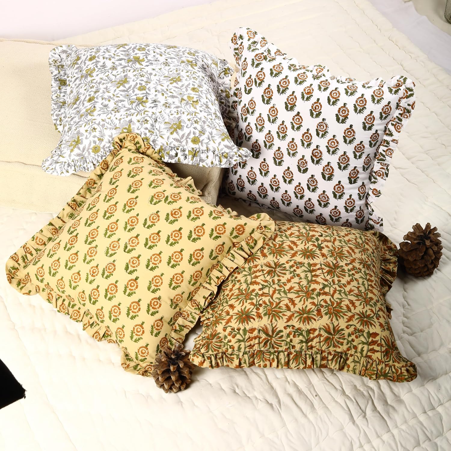 Trade Star 100% Cotton Throw Cushion Cover Fall Decor Set of 4 Decorative Cushion Cases Beautiful Hand Block Print Pillow Covers with Soft Frills Indian Traditional Designer Pillow Case Set Home