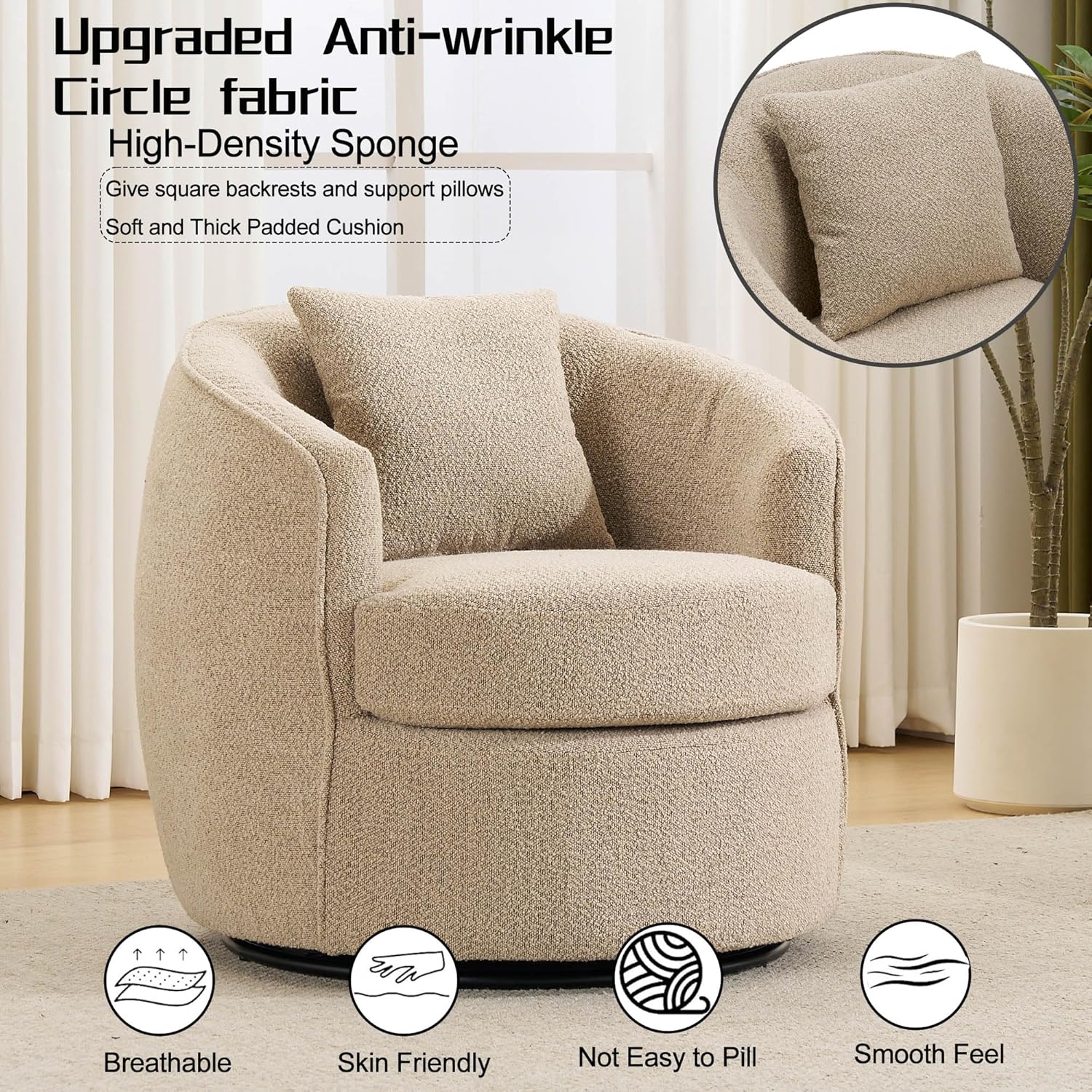 Swivel Barrel Chairs ，32 Inches Wide No Assembly Round Upholstered Armchairs Accent Chairs Single Sofa Chair for Living Room (Light Brown, Set of 1)