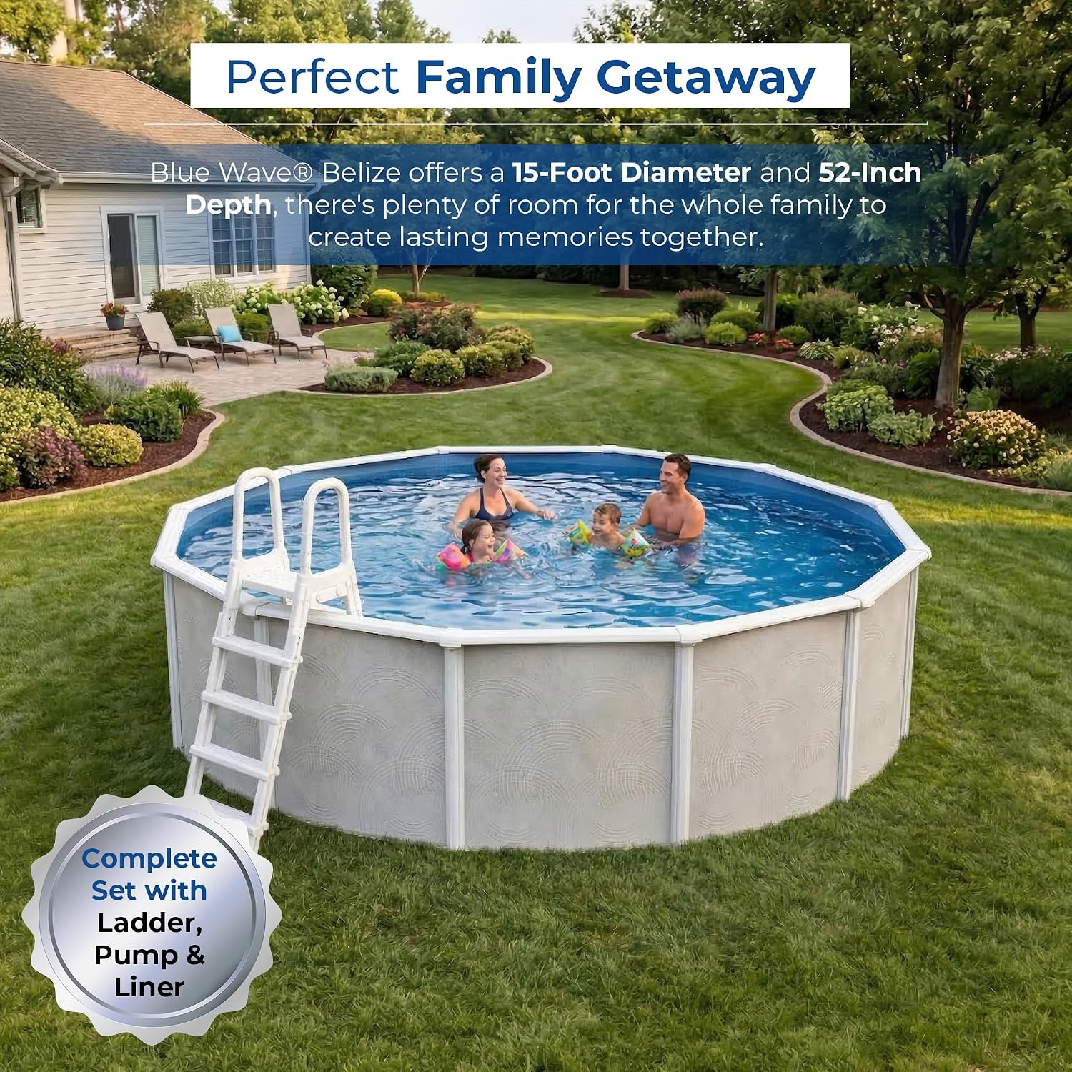 Blue Wave Belize 15-ft Round 52-in Deep Hard Sided Steel Frame Above Ground Pool with 6-in Steel Top Seats, 0.5 HP Sand Filter System, Ladder, Skimmer & Liner – 5,130-Gallon Capacity for Family Use