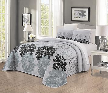 Grand Linen 3-Piece Fine Printed Oversize 100" X 95" Quilt Set Reversible Bedspread Coverlet Queen Size Bed Cover Black, Gray, Grey Floral
