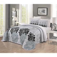 Grand Linen 3-Piece Fine Printed Oversize 115" X 95" Quilt Set Reversible Bedspread Coverlet California Cal King Size Bed Cover Black, Gray, Grey Floral