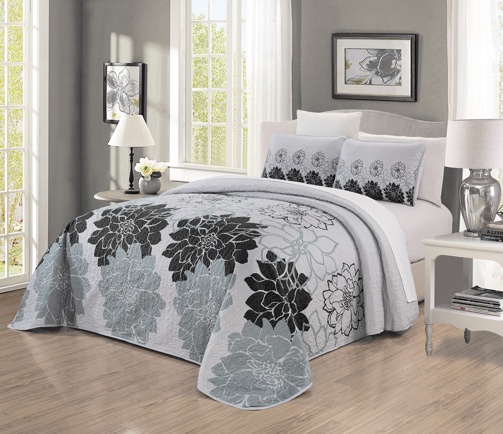 Grand Linen 3-Piece Fine Printed Oversize (100" X 95") Quilt Set Reversible Bedspread Coverlet Queen Size Bed Cover (Black, Gray, Grey Floral)-image-47