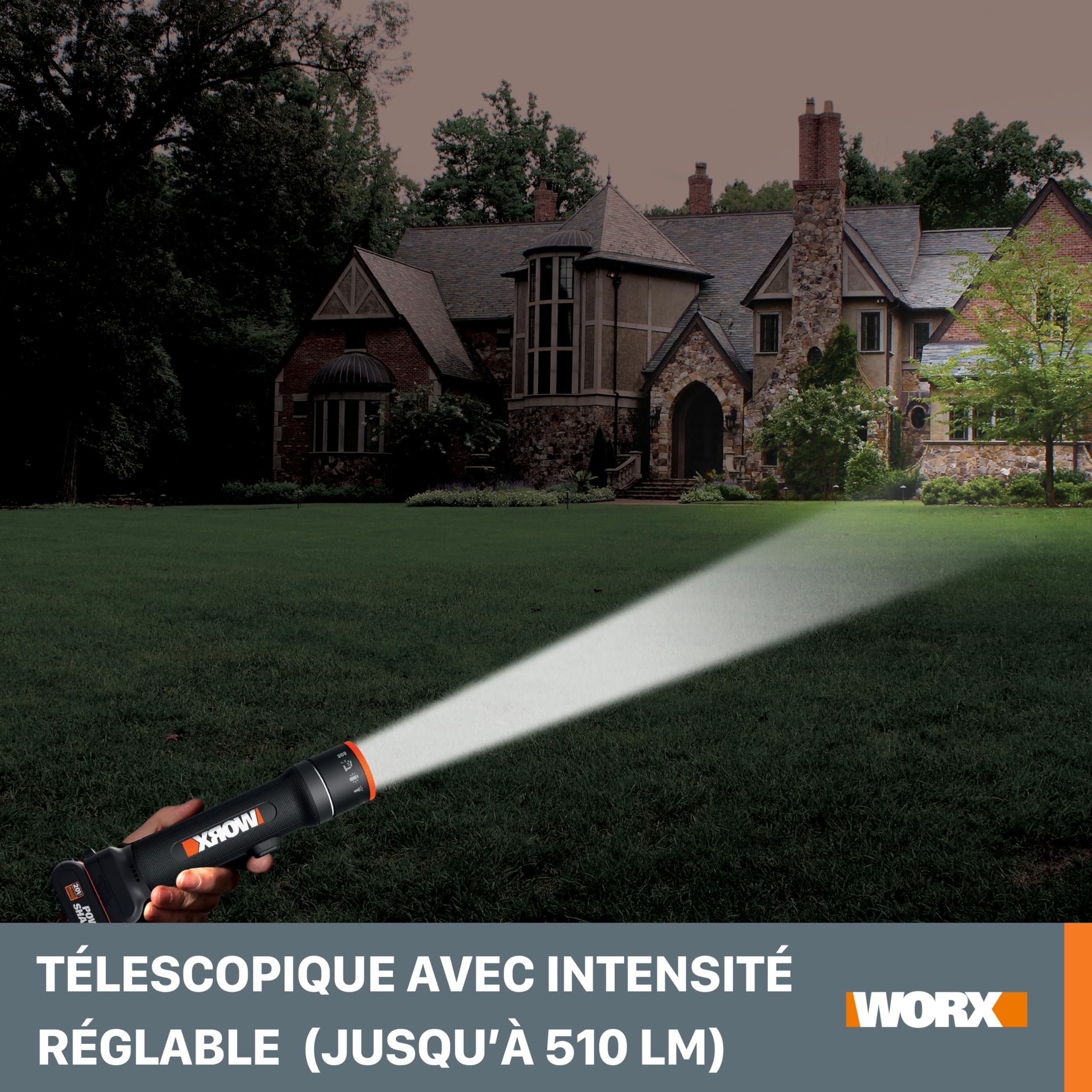 WORX Lampe Led 4 en 1 sans Fil 20V WX027.9, Télescopique, Tête Pivotante à 70°, Idéale Pour le Camping et Activités Extérieures, Sans Batterie ni Chargeur