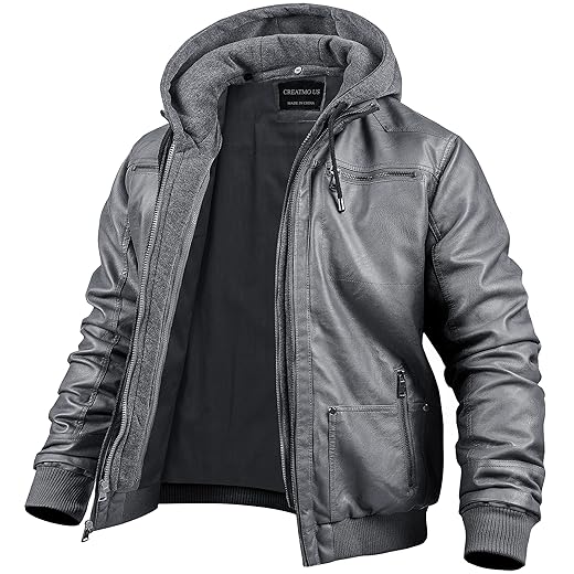 CREATMO US Jaqueta masculina de couro sintético, impermeável, à prova de vento, com capuz removível