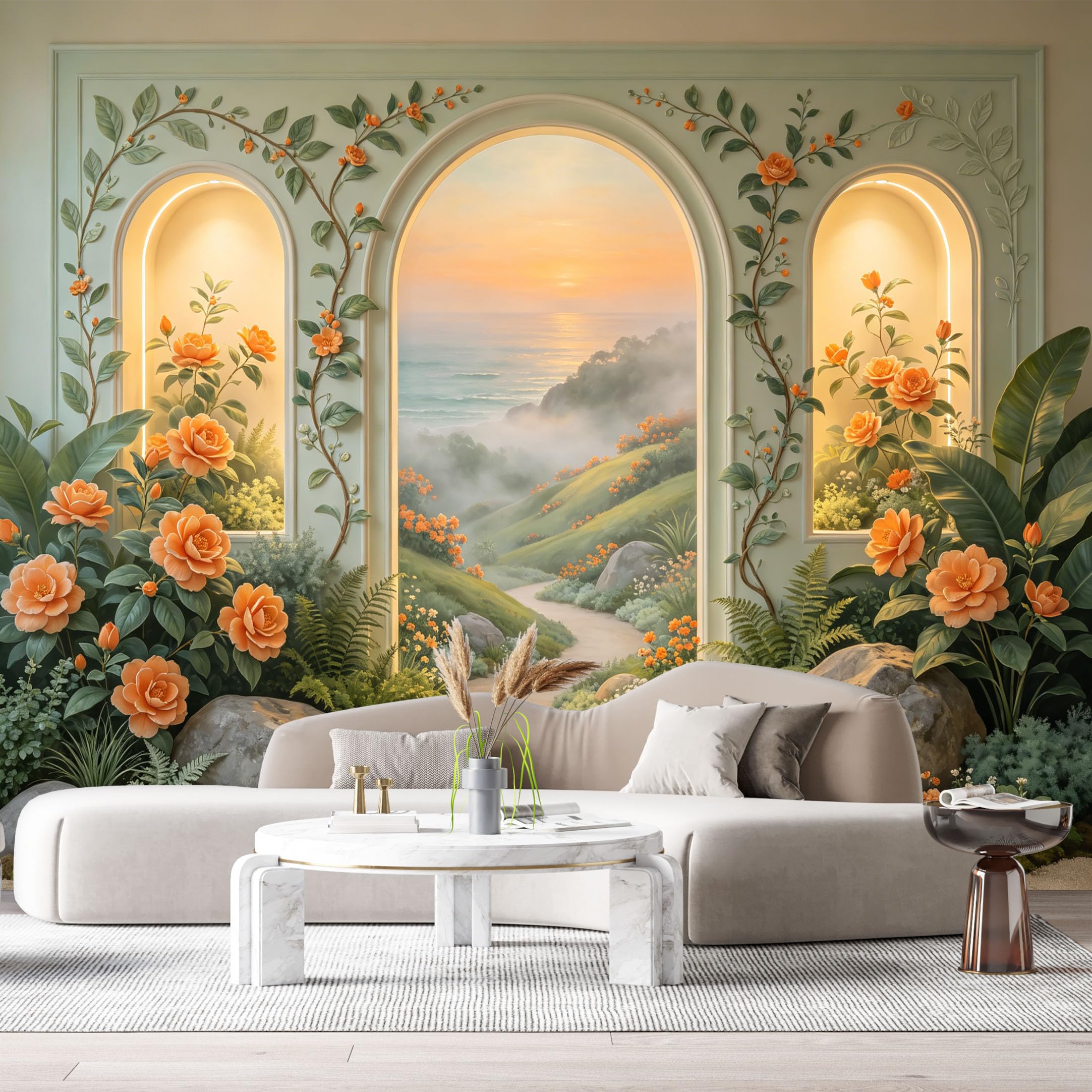 Custom Size Wall Murals Coastal Botanical Ocean Sunset Archway 3D Trompe L'Oeil SelfAdhesiveWall Fabric Removable Wallpaper Wall Decor for Living Room Bedroom Bathroom