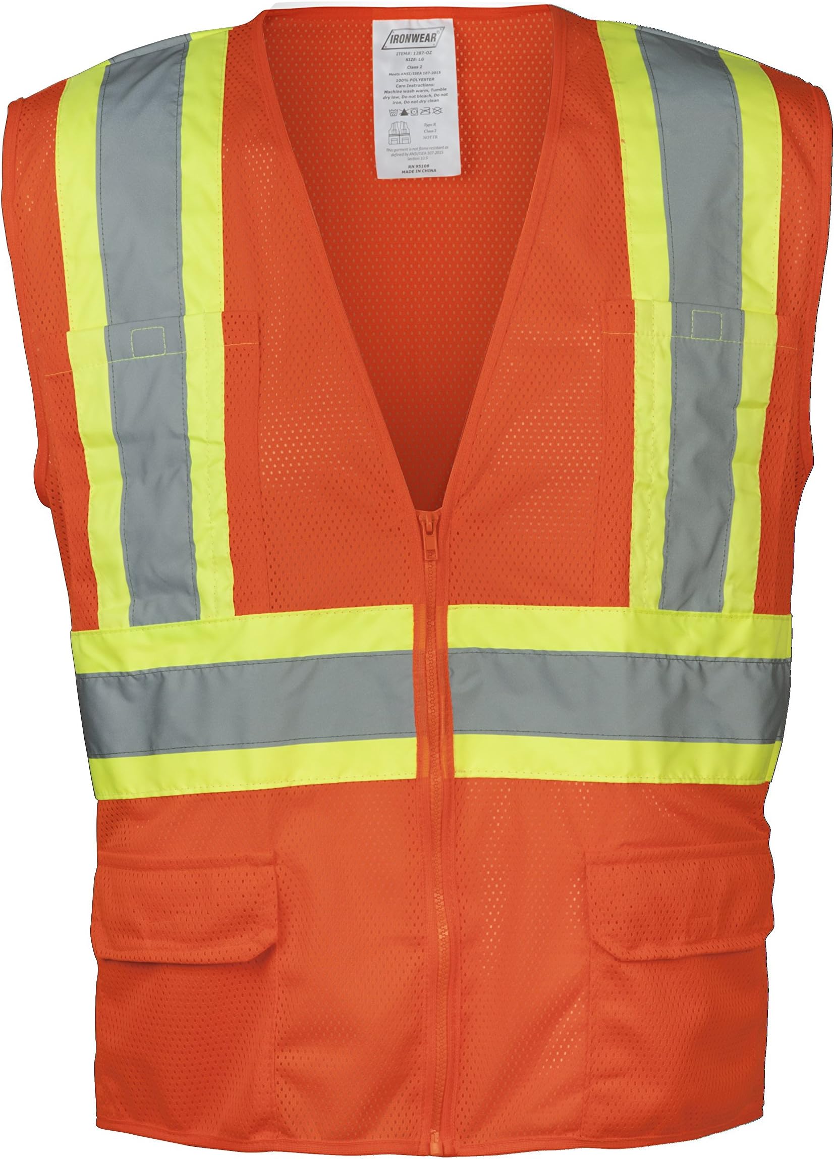 Ironwear 1287-OZ-3-LG ANSI Class 2 Polyester Mesh SAFETY Vest with 4" Lime/2" Silver Reflective Tape, Orange, Large