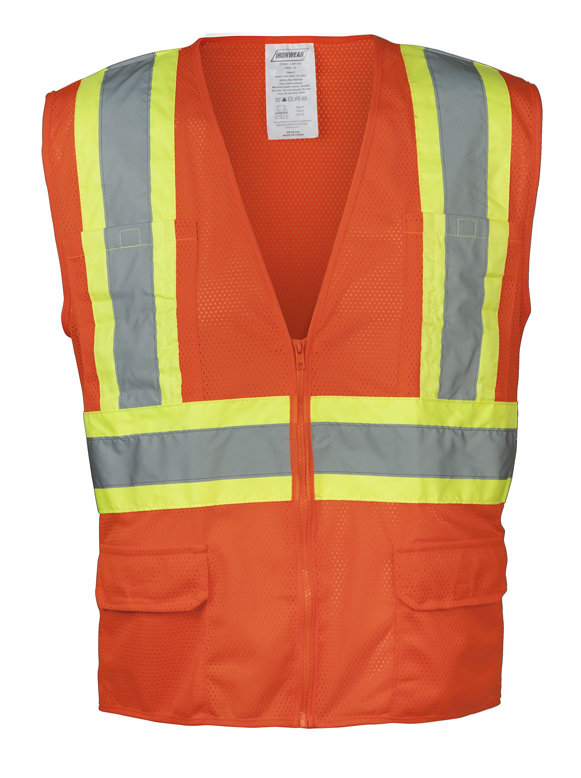Ironwear 1287-OZ-3-LG ANSI Class 2 Polyester Mesh SAFETY Vest with 4" Lime/2" Silver Reflective Tape, Orange, Large