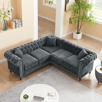 Classic Chesterfield L-Shaped Sofa,80" Deep Button Tufted Upholstered Roll Arm Luxury Couch Sofa with 3 Pillows,Solid Wood Gourd Legs,Perfect for Living Room Grey/Velvet+L