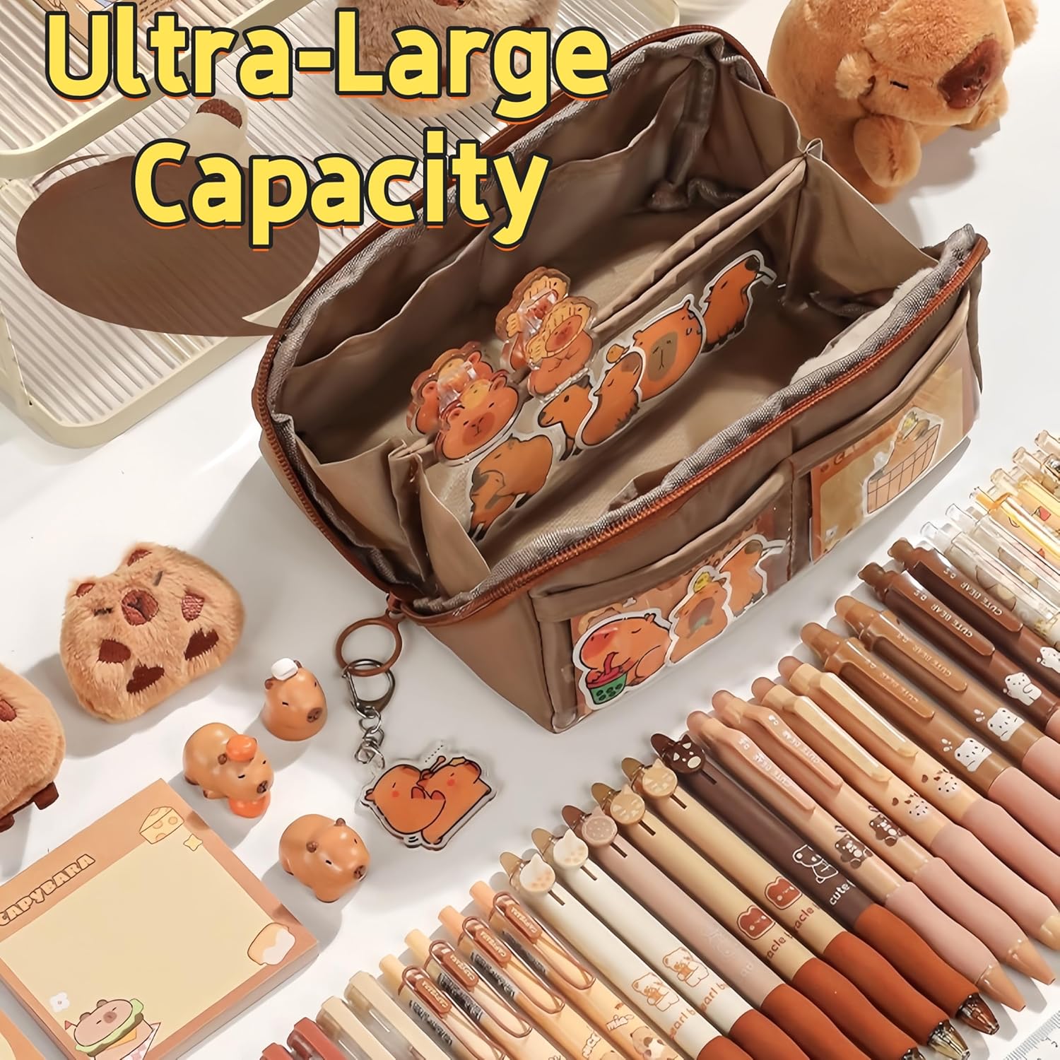 Adorable Capybara Pencil Case with 16PCS Cute Accessories, Kawaii Pen Pouch: Includes Pens, Capybara Plush Brooch, Keychain, Clips, Note, and Stickers - Image 8