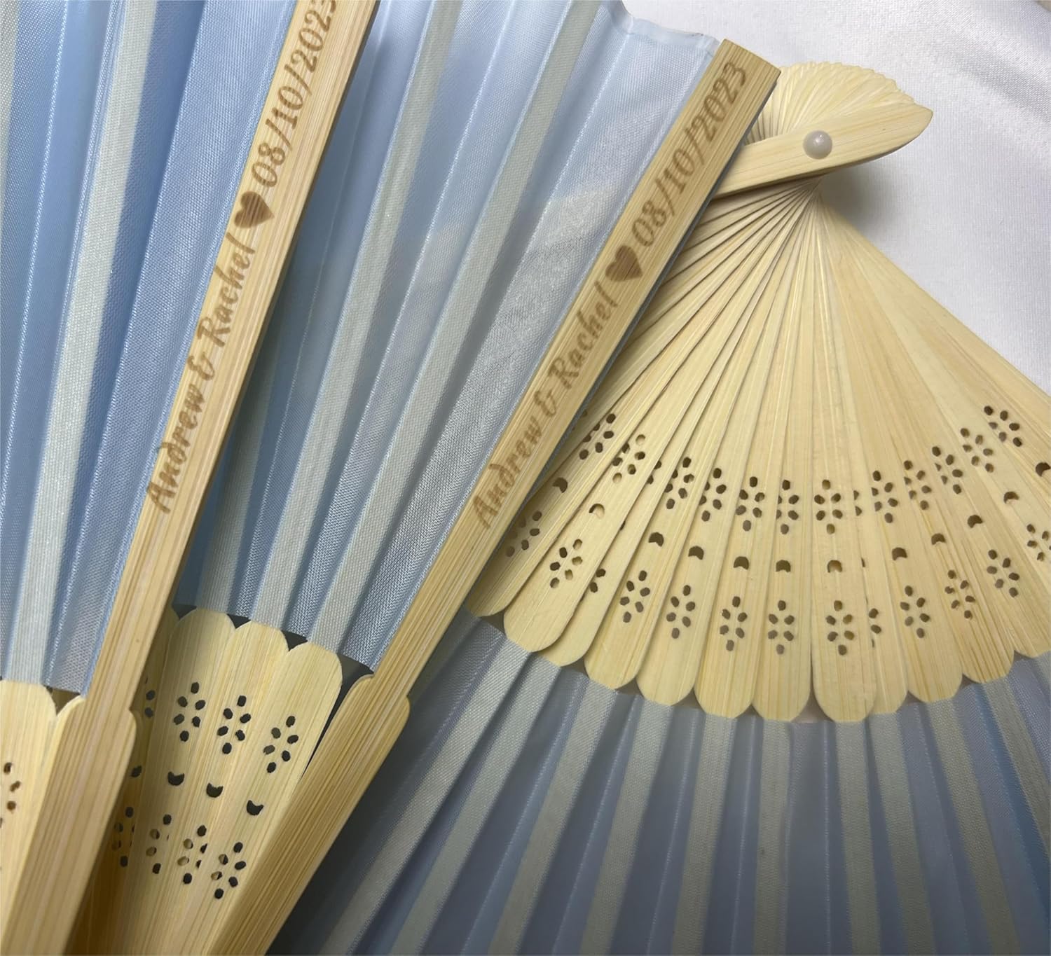 Personalized Sky Blue Folding Hand Wedding Fans - Engraved Silk Fans, Custom Bamboo and Silk Fans - Perfect Party Favor and Bridal Shower Gift (60Pcs)