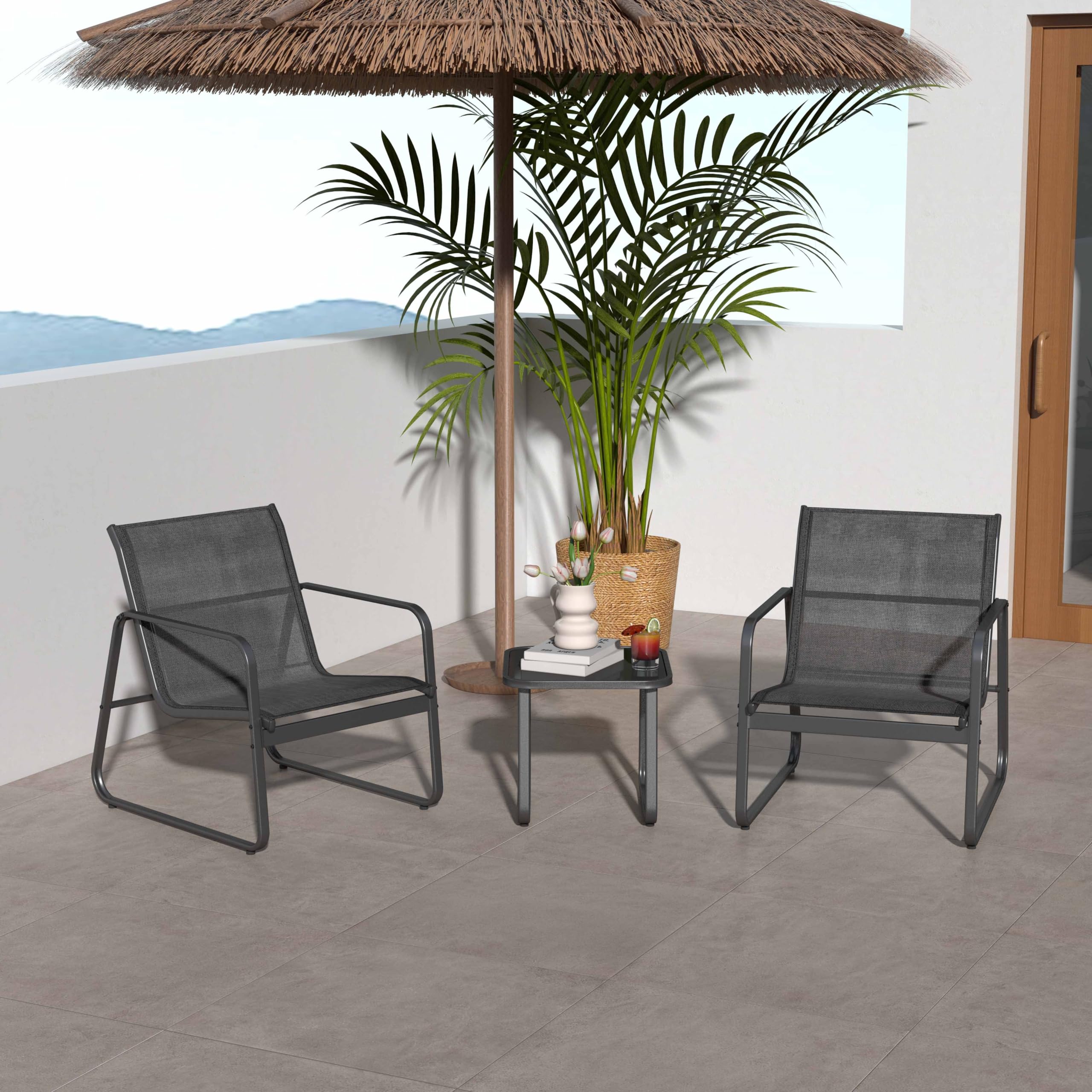 KOMFOTTEU Set da Bistrò in Tessuto Textilene, Set da Giardino in 3 Pezzi, Tavolo Portato 30 kg, 2 Sedie Portate 150 kg, Set Tavolo e Sedie da Esterno, Patio, Cortile, Veranda (Nero)