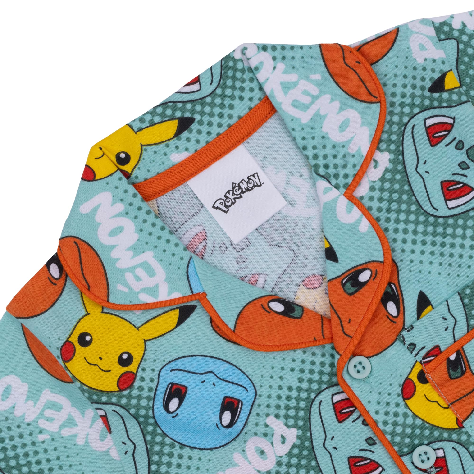 Pokémon, Pikachu, Squirtle, Bulbasaur, Charmander, 100% Cotone con Bottoni Pigiama a Maniche Corte, Green, Verde