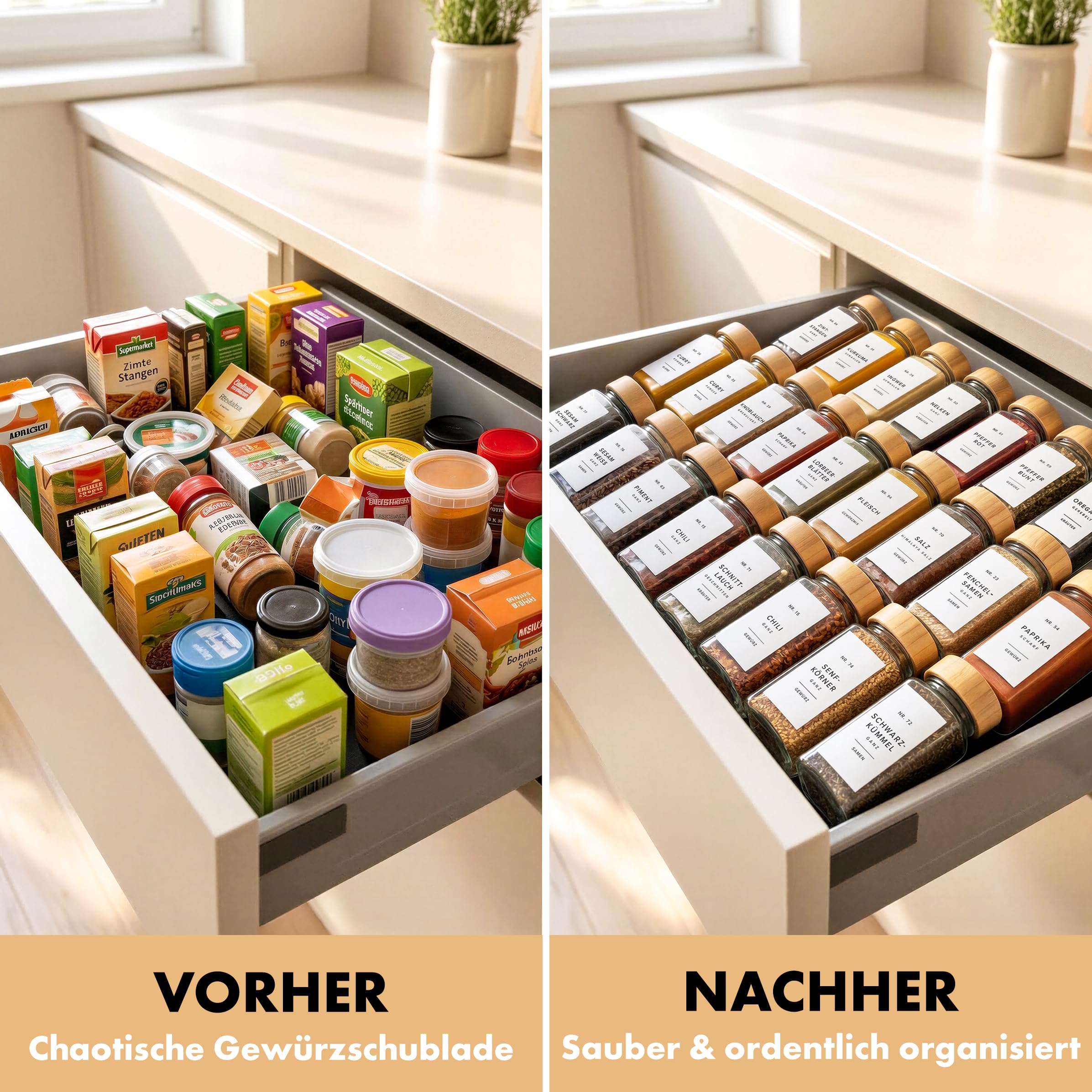 EDELHAUS Gewürzgläser Eckig Set mit Bambusdeckel (24 x 120ml) Gewürzstreuer mit Streueinsatz und 240 Etiketten Weiß - Holzdeckel Gewürzbehälter, Gewürzdosen, Gewürze organizer [11cm x 4,5cm]
