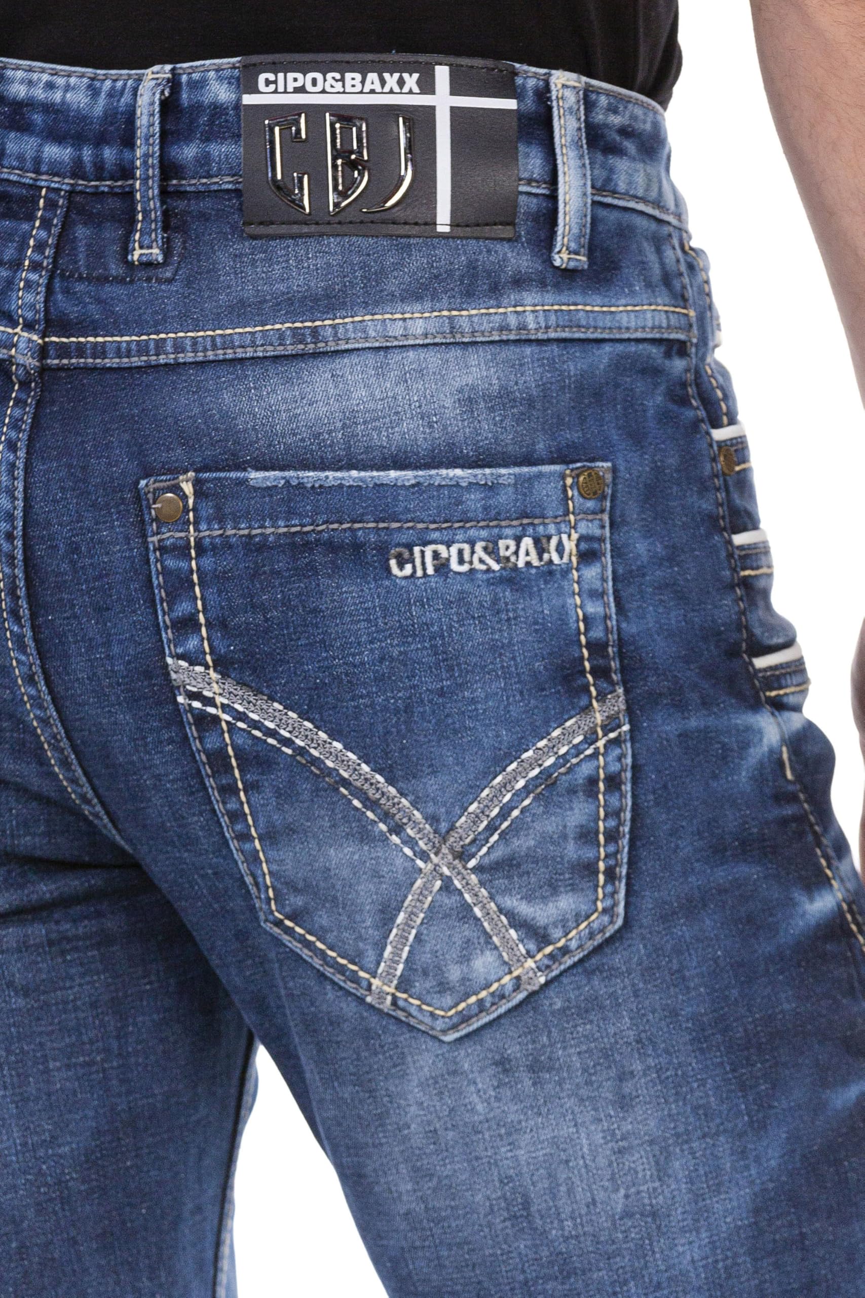 Cipo & Baxx Pantalones vaqueros para hombre, corte recto, pantalones vaqueros regulares en costura de contraste, pantalones vaqueros de algodón alto para hombres con costuras decorativas modernas,