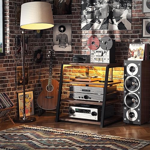 Vista 8 de Armocity Soporte multimedia AV de 4 niveles con regletas de alimentación, soporte estéreo con luces LED, torre de audio en rack con estantes