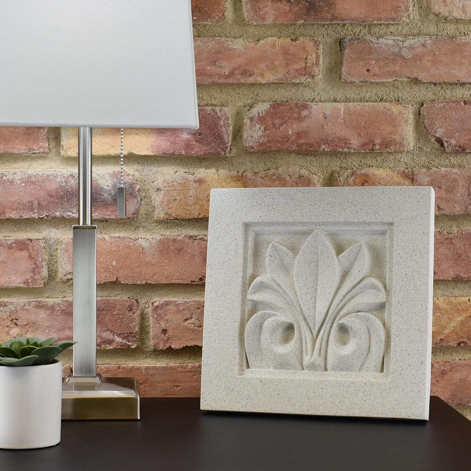 Sculpted Architectural Bas Relief 3D Tile Plaque Ornament, Solid Cast Stone, Triandria Design, 9.5"x9.5" for Wall Hanging or Tabletop Display (Grey with Keyhole)