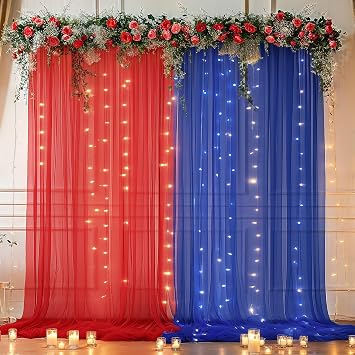 1010ft Royal Blue Red Tulle Backdrop Curtain with Lights String for Parties, Sheer Photo Backdrop Curtains for Wedding Party Photography Background