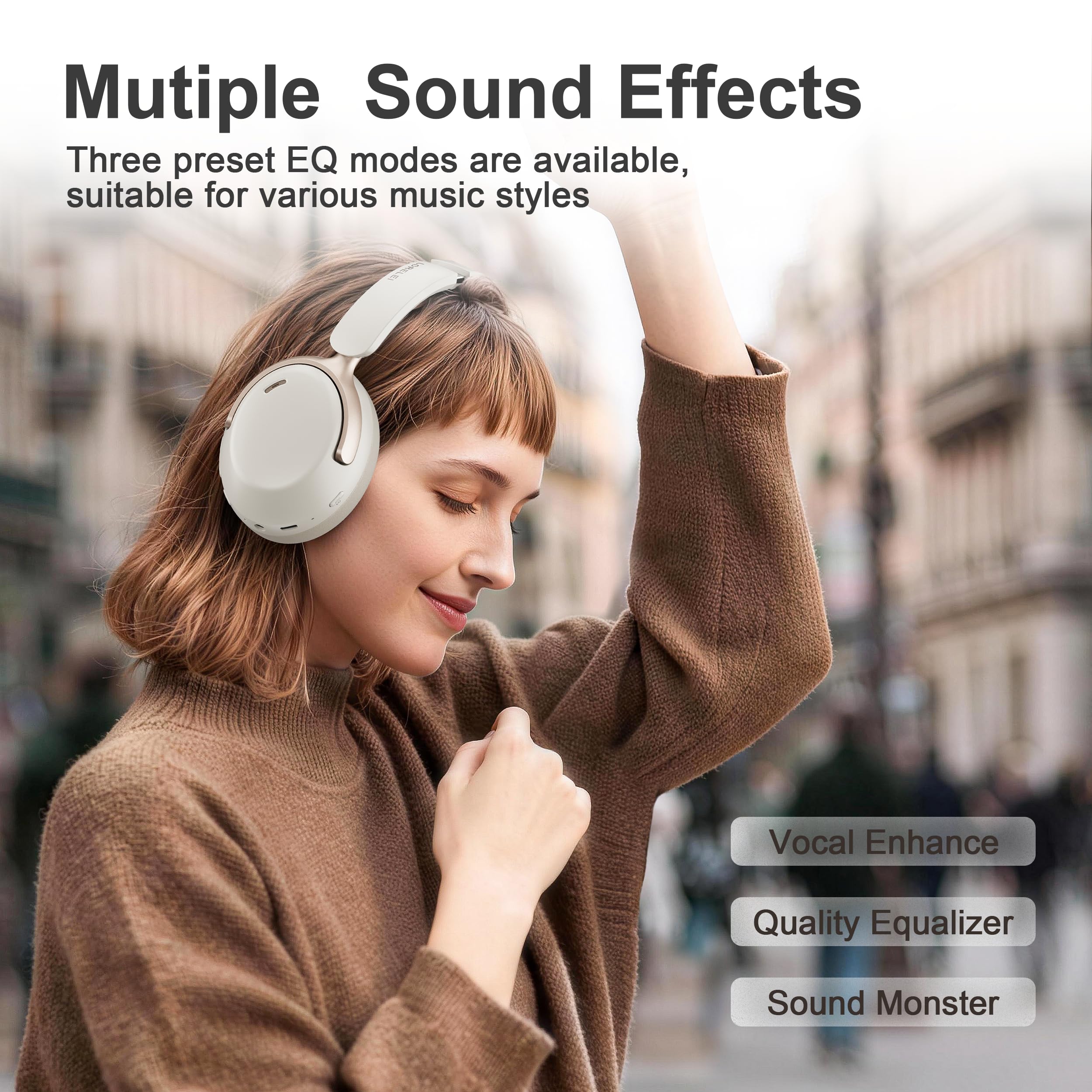 LORELEI QC30 - Cuffie ibride con cancellazione attiva del rumore, Bluetooth wireless over-ear, pelle proteica beige, controllo attivo del rumore e modalità trasparenza, bassi profondi, microfono