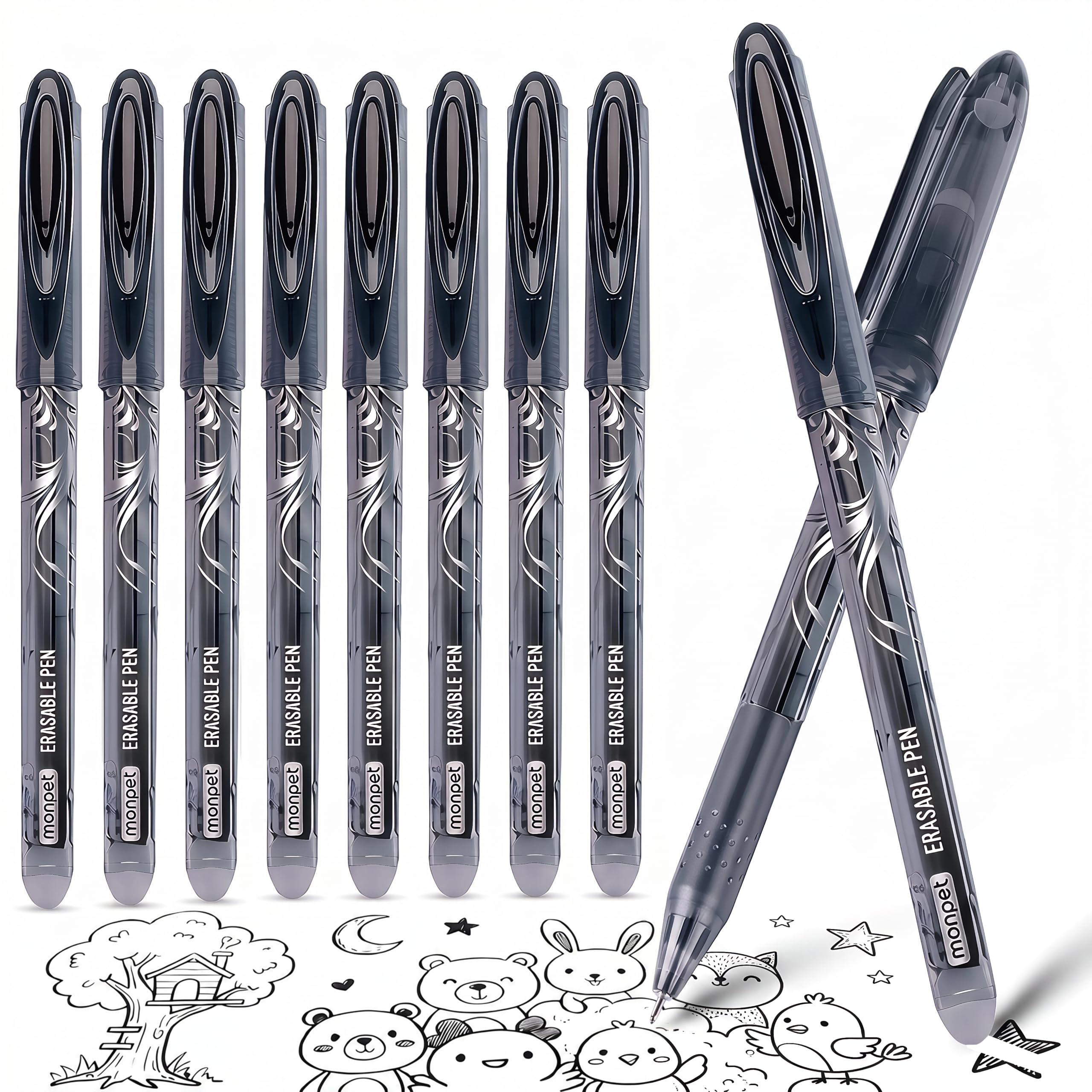 8PS Erasable Pens Black, Friction Gel Ink, Erasable Gel Pens, 0.5mm