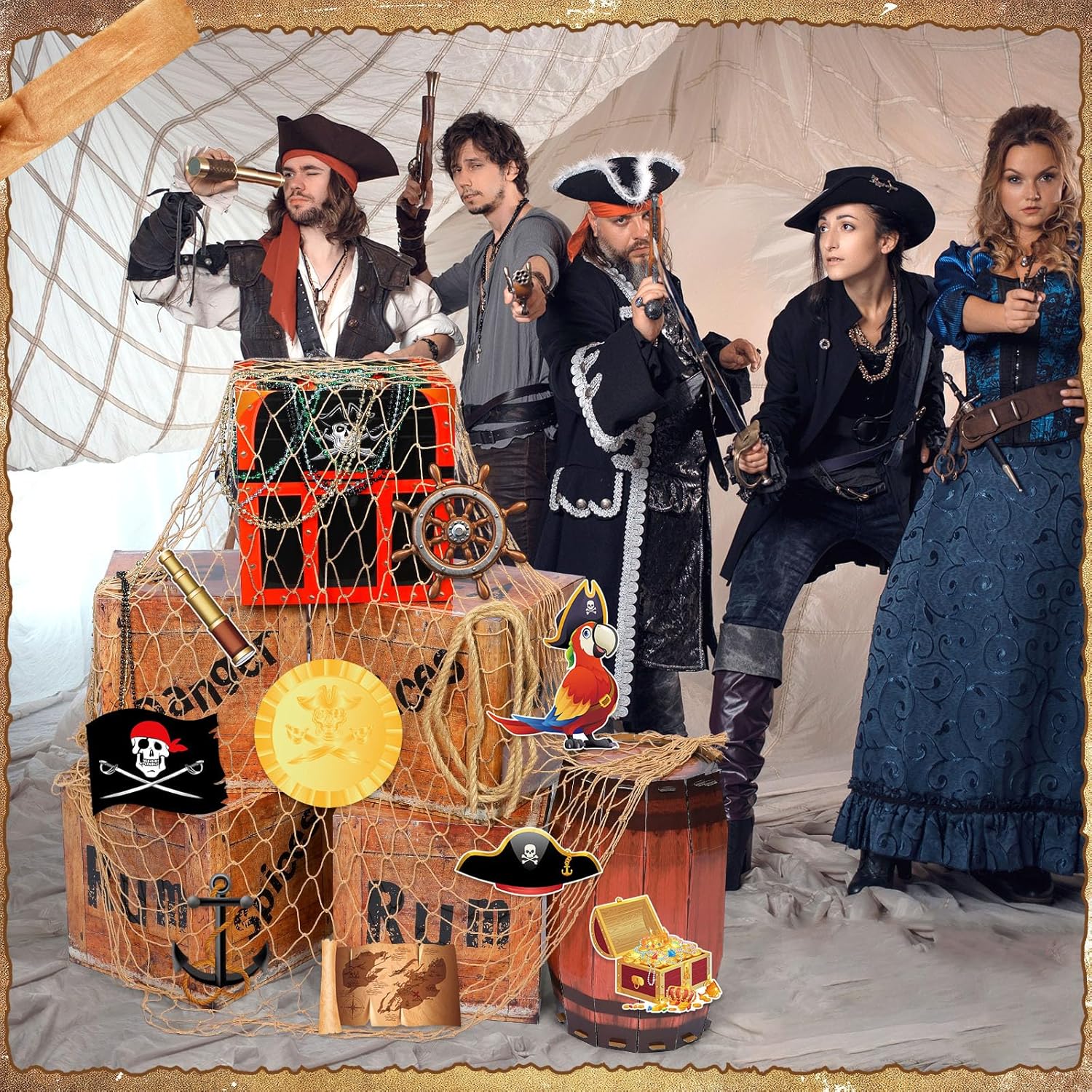 JellyArch 28 Pcs Pirate Themed Party Decorations Imitation Treasure Wooden Boxes Jewelry Fishing Net Adventure Cardboard Boxes for Pirate Nautical Caribbean Birthday Photo Booth Props