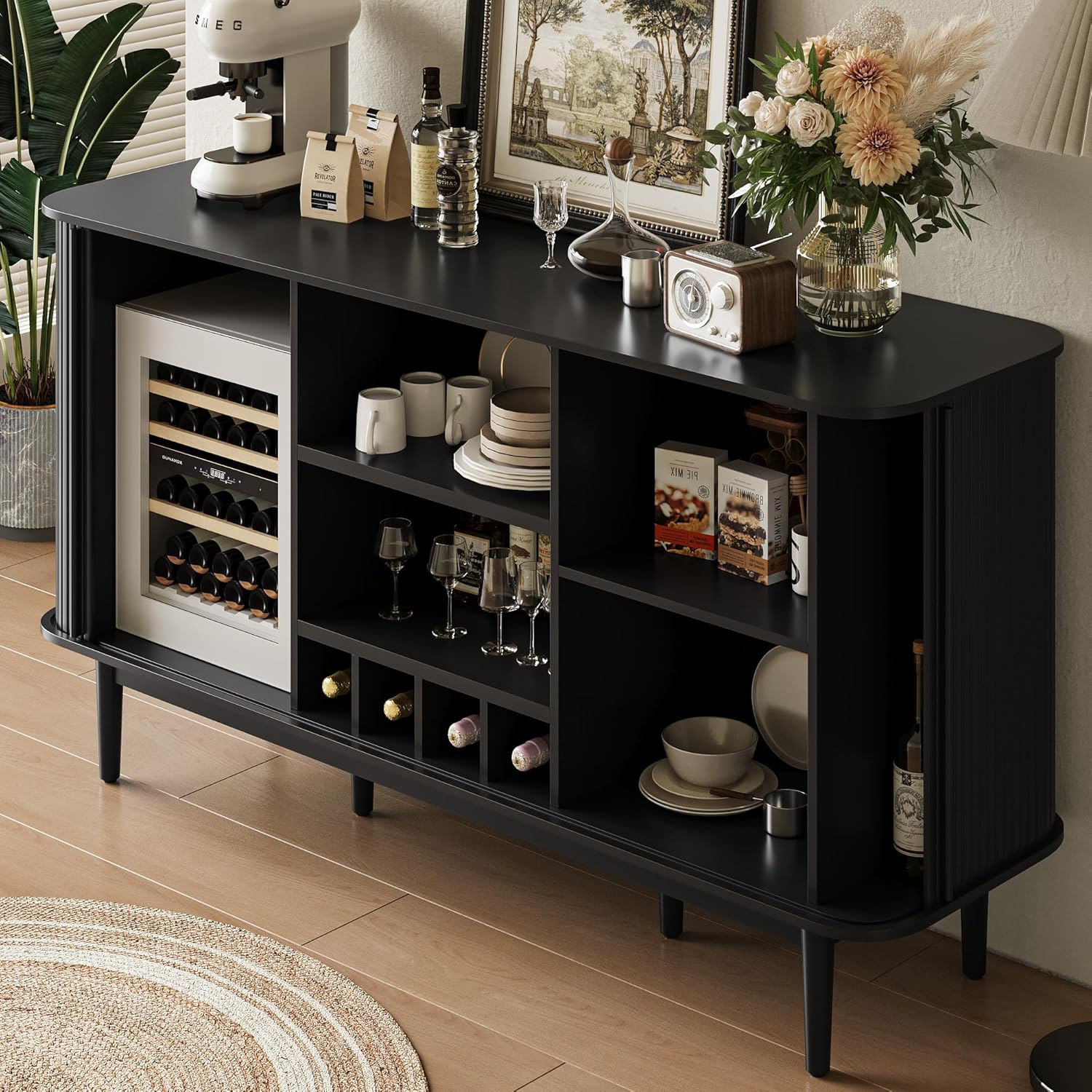 Coffee Bar with Storage, 59 inch Coffee Bar Cabinet with Fluted Slide Tambour Doors, Wine Bar Cabinet with 4 Wine Racks for Living Room, Kitchen, Entryway, Black