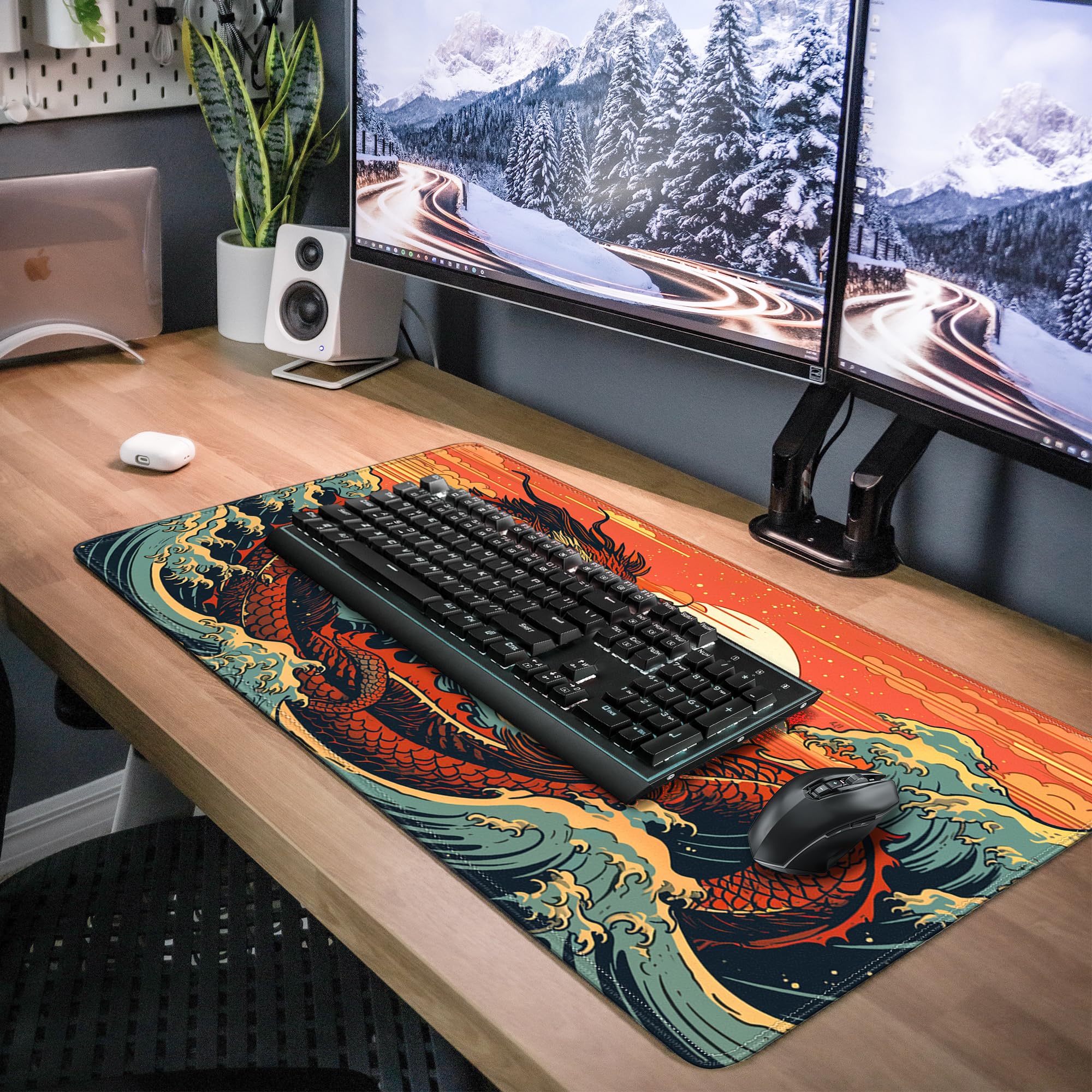 Tappetino per mouse XL, motivo geometrico, giapponese, 80 x 30 cm, base in gomma antiscivolo, bordo cucito, grande, per scrivania, gaming, laptop, desktop, 80 x 30 cm