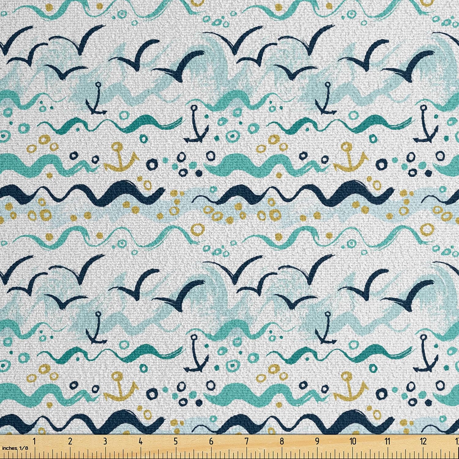 Ambesonne Maritime Faux Suede Fabric by The Yard, Continuous Horizontal Seagulls Wavy Lines, for Indoor Outdoor DIY Projects Upholstery, 3 Yards, Seafoam White