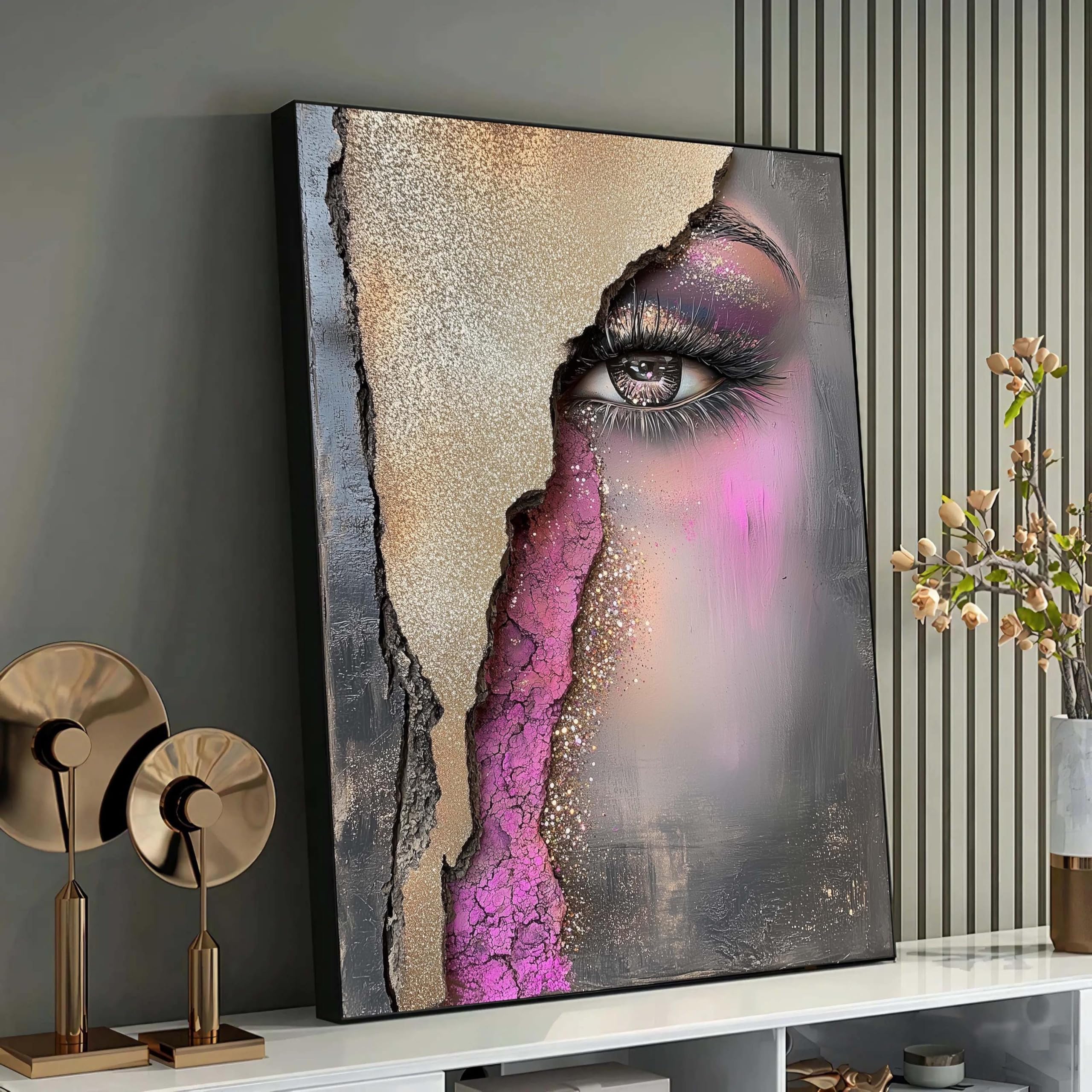 Œil abstrait scintillant XBTYKPB : tableau rose et or 21x30 cm - 6