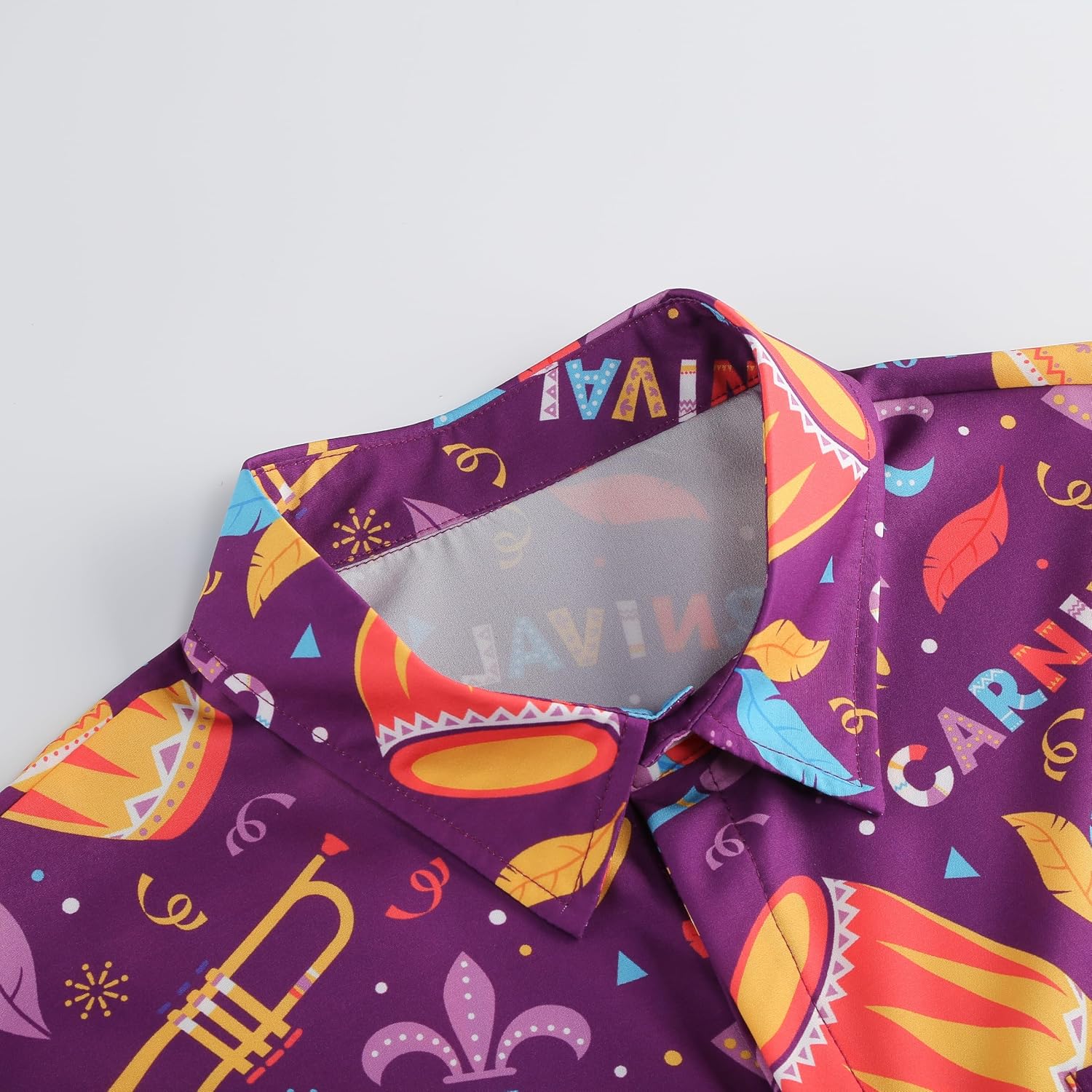 yolsun Mardi Gras Shirt for Men Beads Short Sleeve Casual Button Down Shirt Hawaiian Beach Party (Purple Red Mask, Medium)