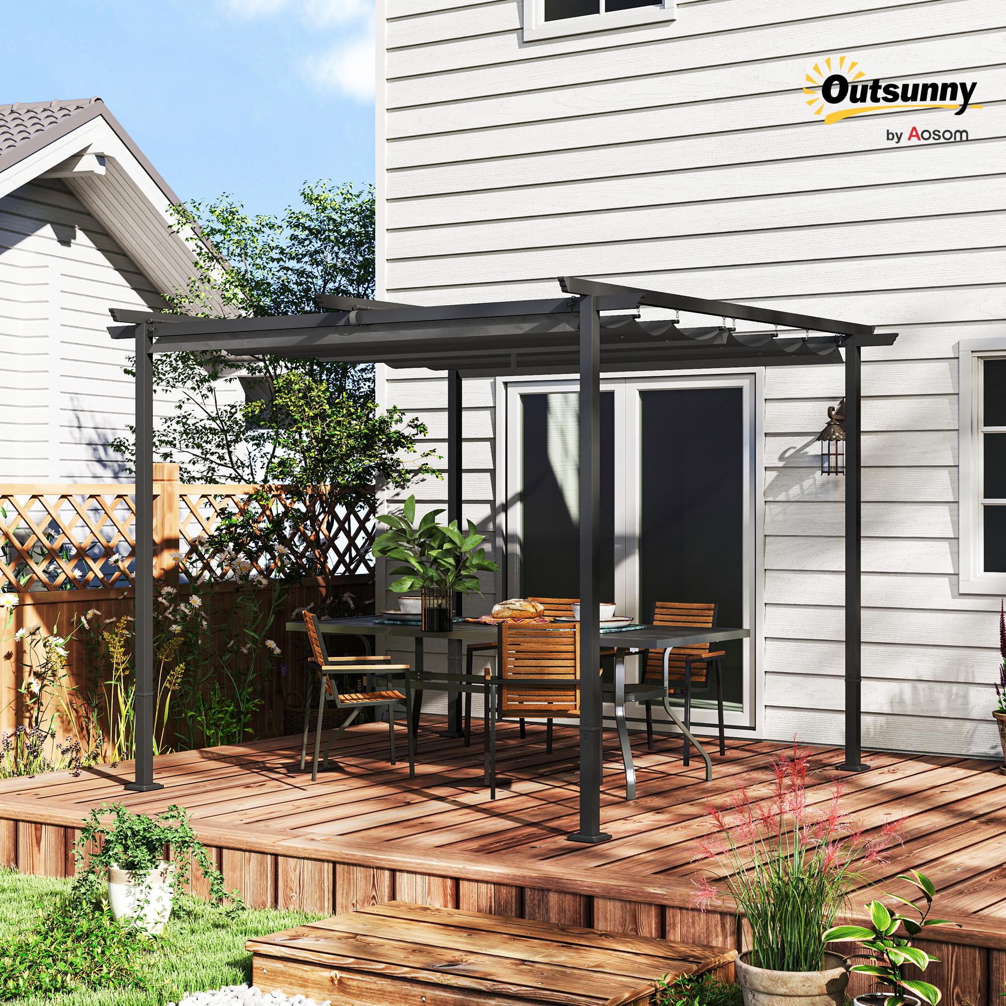 Outsunny Pérgola - Cenador de metal para jardín, 3 x 3 m, con toldo ajustable, protección UV 30+, protección solar independiente para terraza y jardín, color gris oscuro